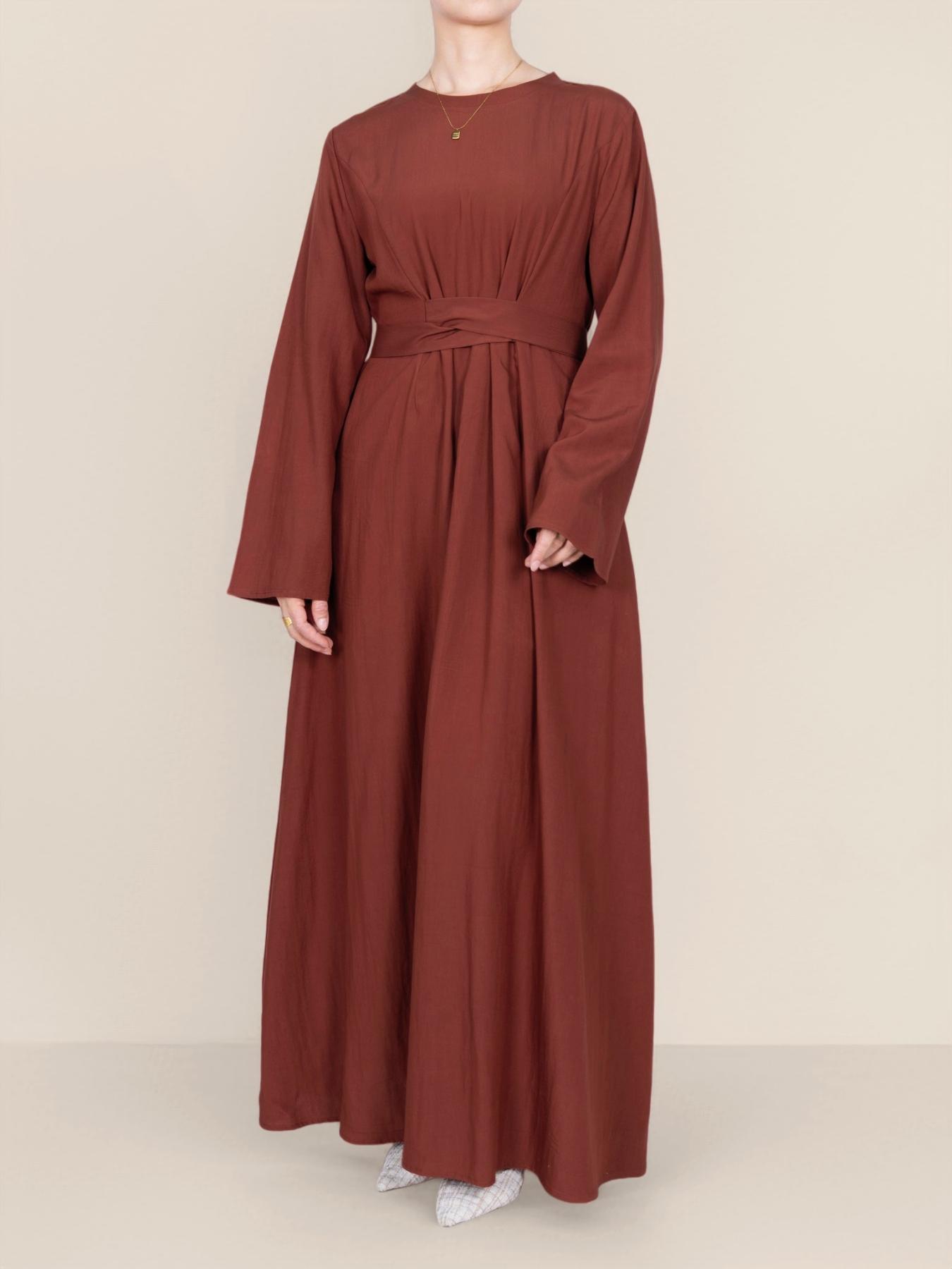 Elegant Long Sleeve Round Neck Back Zipper Waist Belt Pocket Modest Style Dress, Stylish Women's Casual Wear, Perfect for Daily