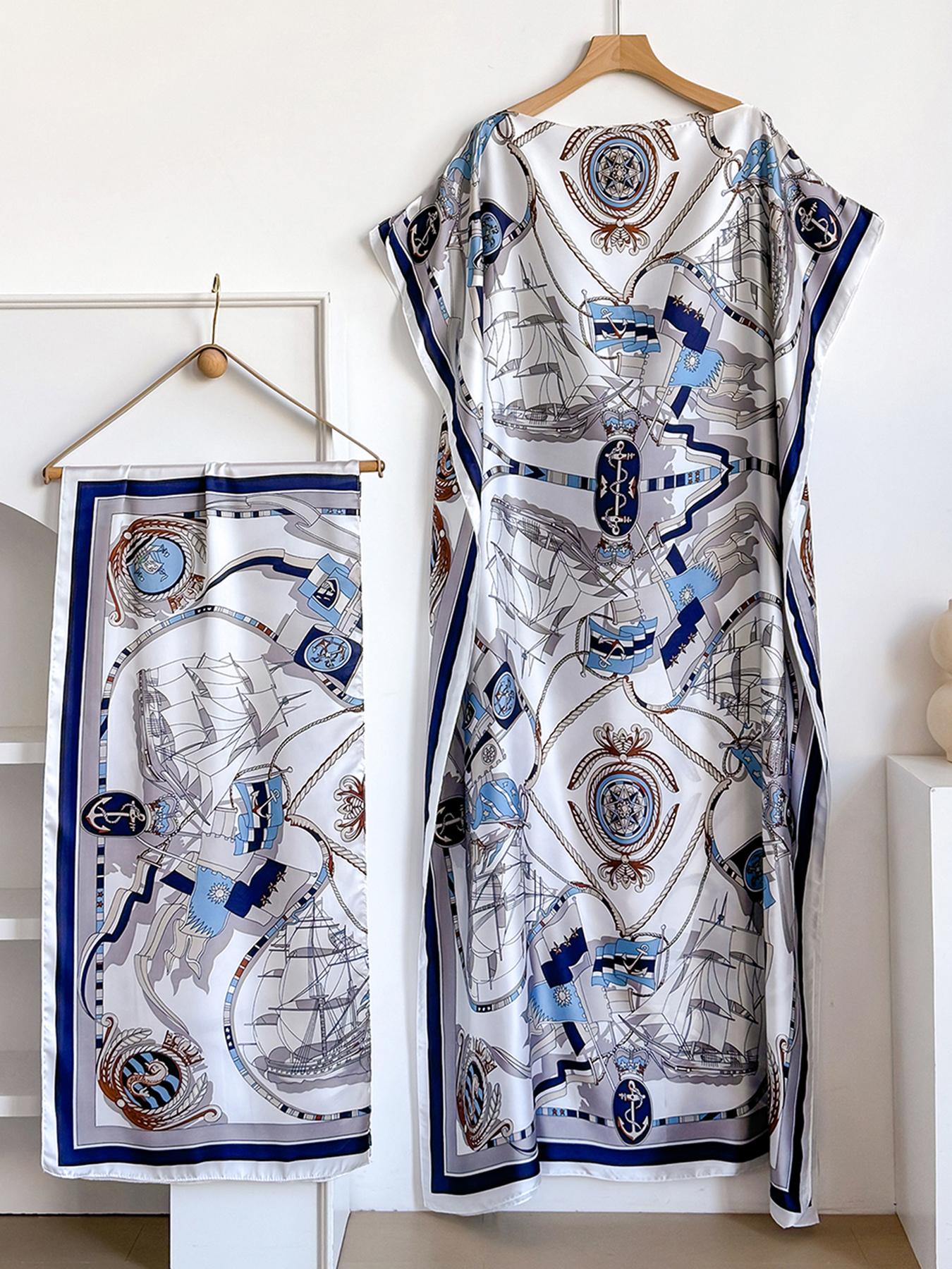 Women's Colorblock Print Long Scarf & Poncho Set, Casual Soft Comfortable Shawl for Beach Vacation, Fashion Accessories for Women & Girls