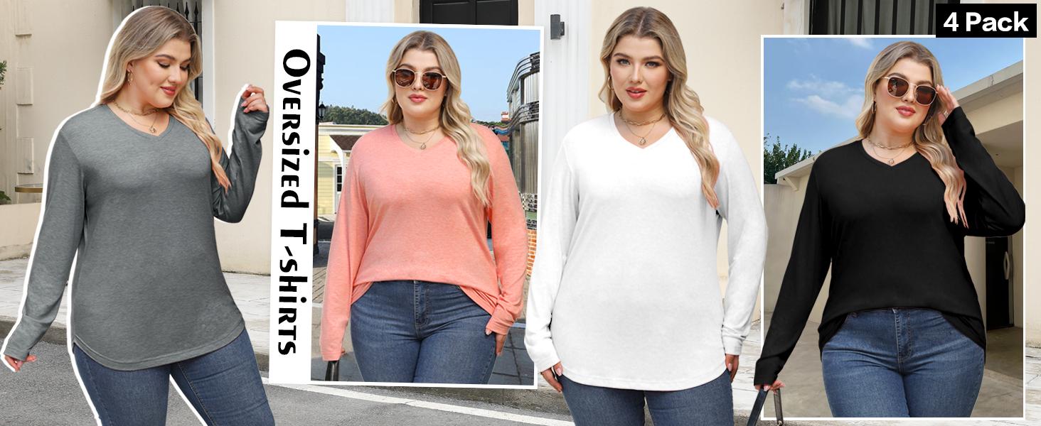 VILIGO Women's 4-Pack V-Neck Long Sleeve Shirts – Soft, Comfortable, Curved Hem Basic Tops in Multiple Colors for Casual Wear