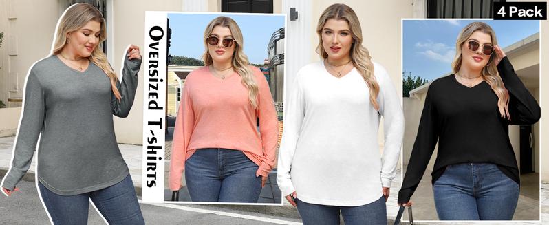 VILIGO Women's 4-Pack V-Neck Long Sleeve Shirts – Soft, Comfortable, Curved Hem Basic Tops in Multiple Colors for Casual Wear