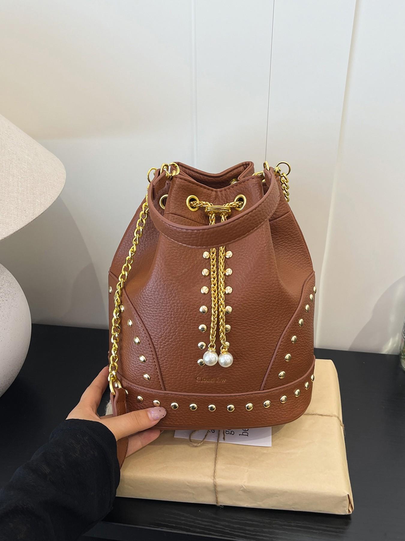 High-Quality Leopard Texture Rivet Drawstring Bucket Bag, Vintage Luxury Pearl Chain Shoulder Crossbody Bag, Women's Mini Storage Bag, Faux Leather Crossbody, Stylish Chain Bag