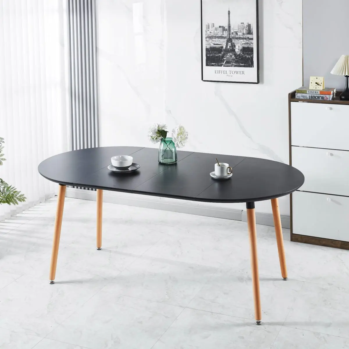 Modern Extensible Dining Table with MDF Top and Metal Legs, Oval Shape, Black, 100/140/180x100x75 cm