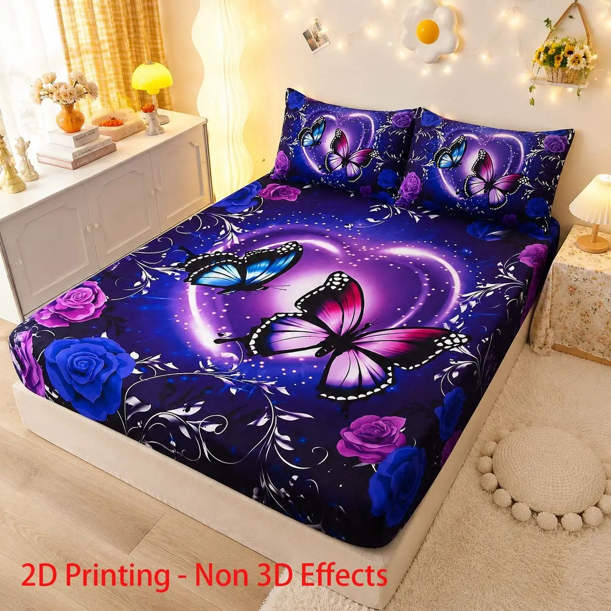 3pcs Purple Butterfly Printed Bedding Set, Bedsheet Sets, Bedsheets Set, Breathable, Soft, Comfy Bed Sets, All Seasons, Durable and Tear Resistant Polyester, Birthday Gift, Bedroom Hotel Decoration, Includes 1 Bed Sheet and 2 Pillowcases, No Fill