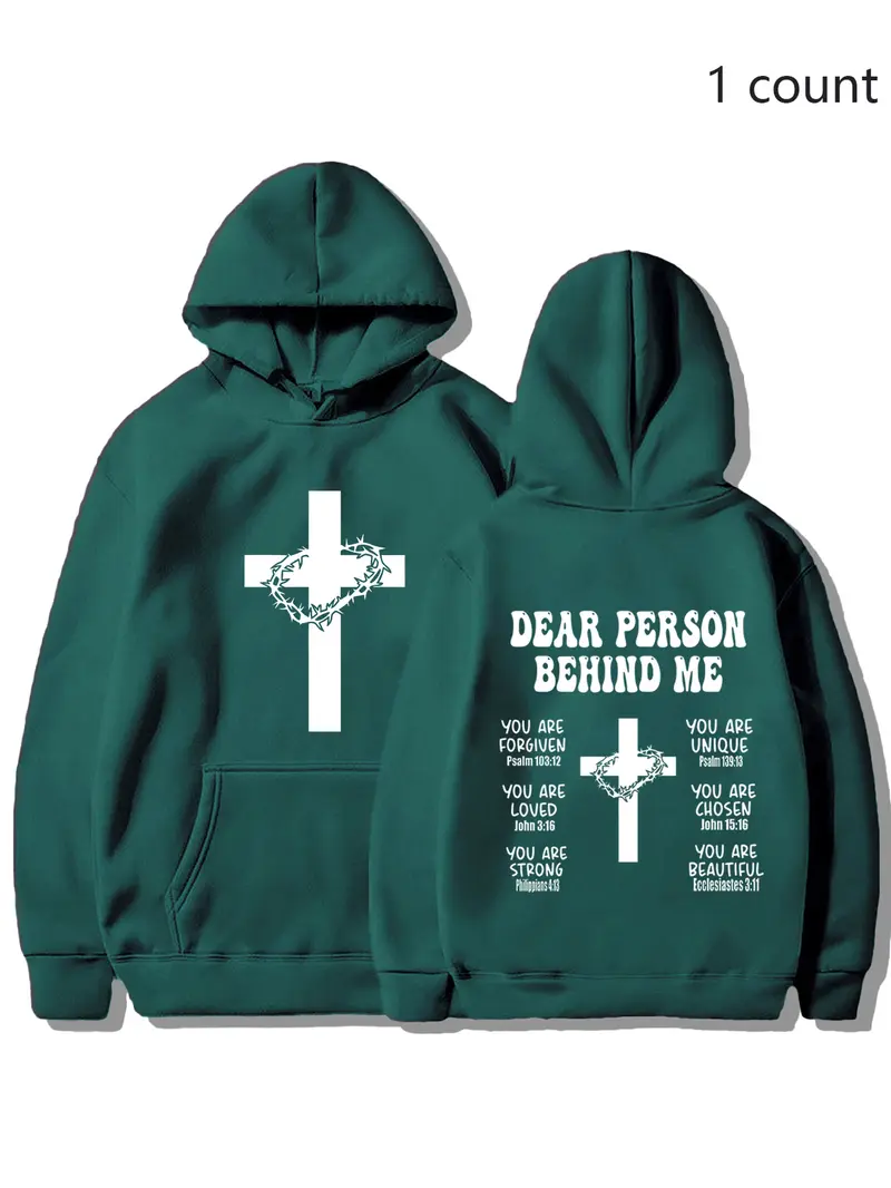 Christian Fitted Hoodie with Bible Verse, Long Sleeve Inspirational Sports Sweatshirt, Faith Cross Graphic Printed Pullover Hoodie, Casual Fall & Winter Wear, Printed Hooded