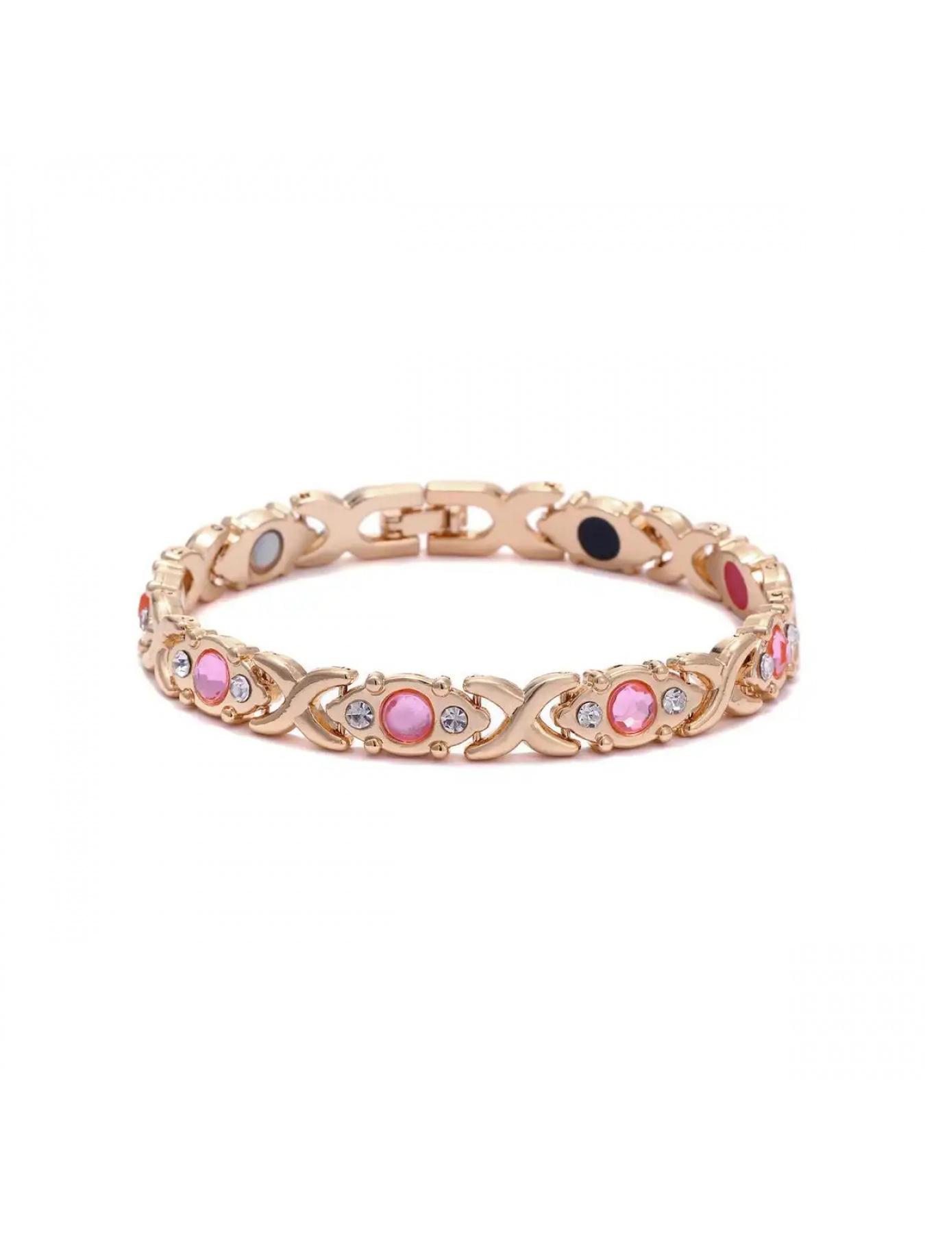 Pink crystal XOXO bracelet, available in silver and rose gold, featuring a classic XOXO design and sparkling pink crystals. Suitable for various styles of clothing.