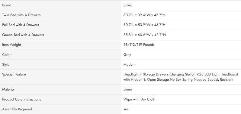 Sikaic Upholstered Platform Bed Frame with LED Lights & Charging Station Hidden Storage Headboard and 4 Drawers Linen Dark Grey