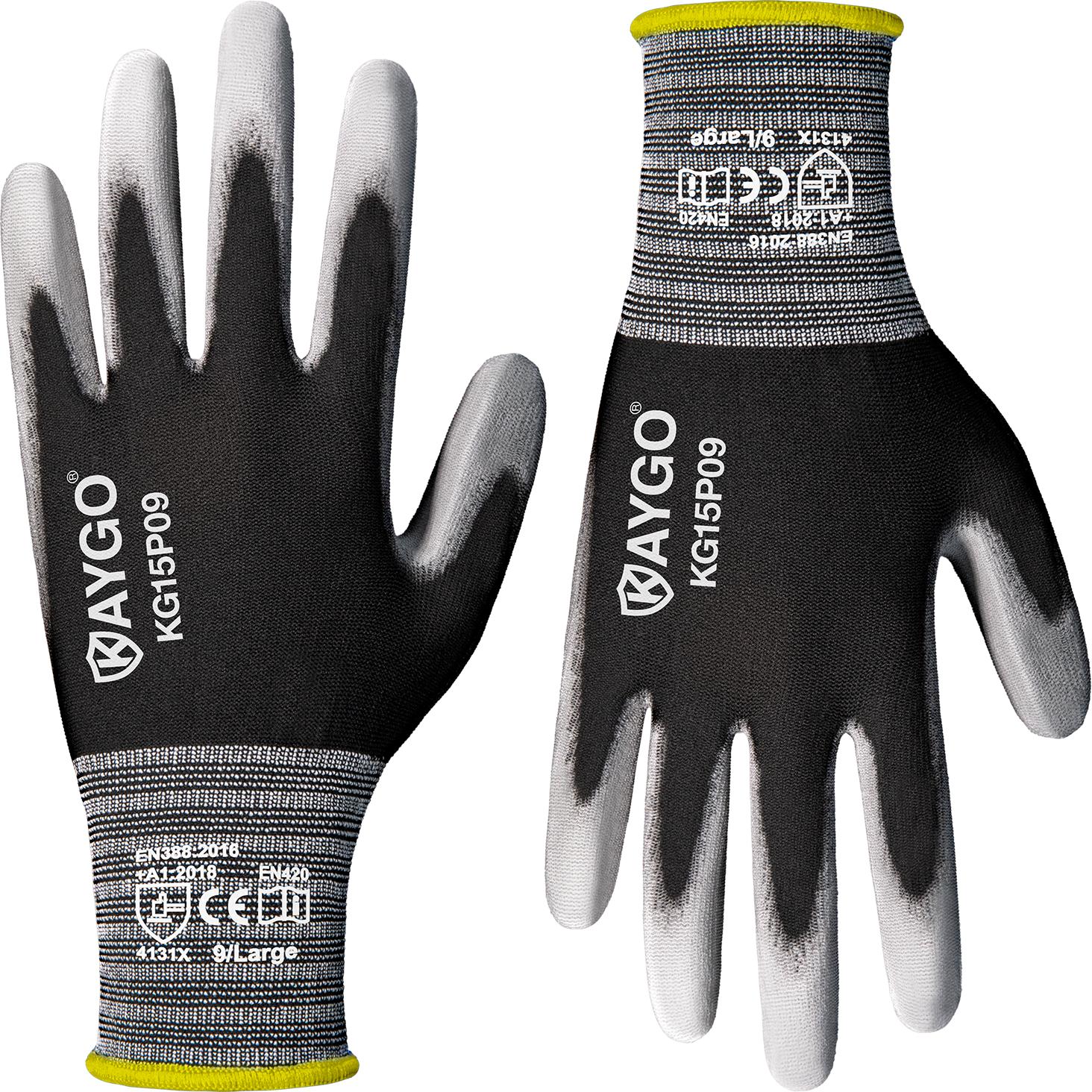 KAYGO Work Gloves PU Coated 12 Pairs, KG15P,Nylon Liner with Flexible Polyurethane Coating, Safety Work Gloves for DIY, Assembly, Warehouse, Light Duty Work