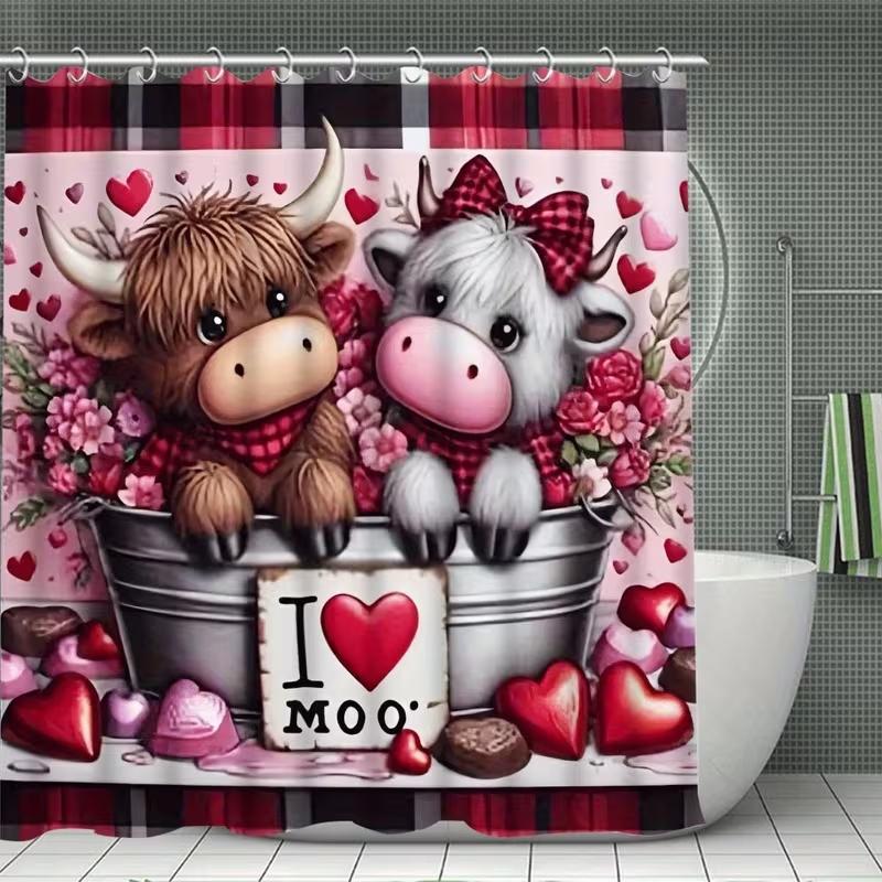 1/4pcs Valentine's Day Highland Bull Pattern Shower Curtain Set, including shower curtain, toilet seat cover, rectangular mat, and U-shaped mat. Perfect for Bathroom Decoration Accessories, beautifying the space. Comes with 12 shower curtain hooks.