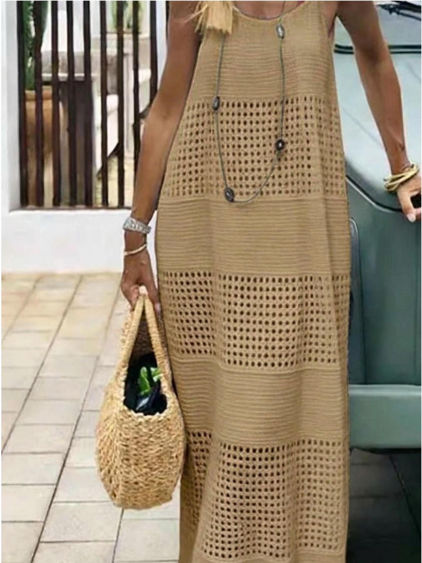 Women's Hollow Backless Vest Top, Lace-Up Design, Casual Knitted Long Dress Sweater, Pure Color, Spring, Fashionable and Comfortable