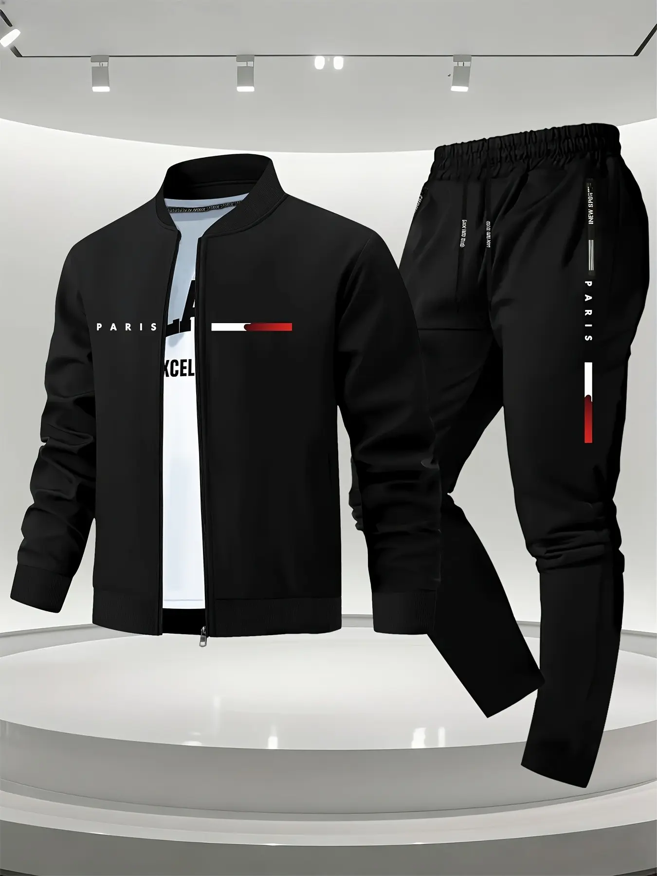 Men's Paris Letter Print Sport Jacket Set, Stand Collar Jacket and Pants Two-Piece Set, European and American Trendy Color Block Striped Casual Men's Clothing