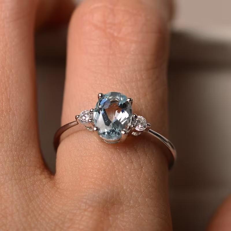 Elegant Promise Ring Adjustable Open Design, Embedded Light Blue Oxidized Zircon Jewelry, Daily Fashion Accessory, Luxurious Gift