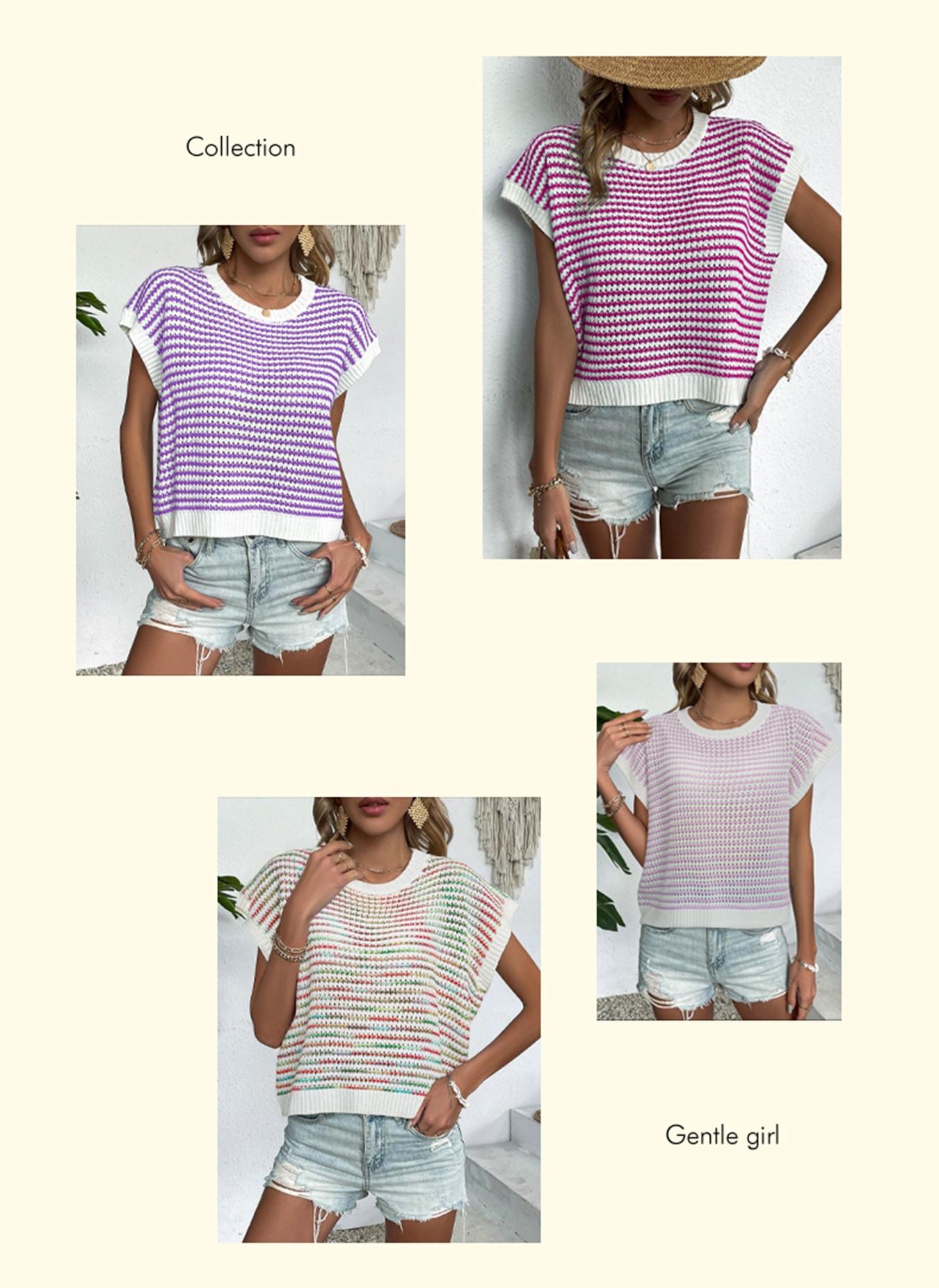 Women's Striped Knitted Vest Top, Round Neck Cap Sleeve Casual Loose Fit, Elegant Summer Fashion, Versatile Women's Knitwear