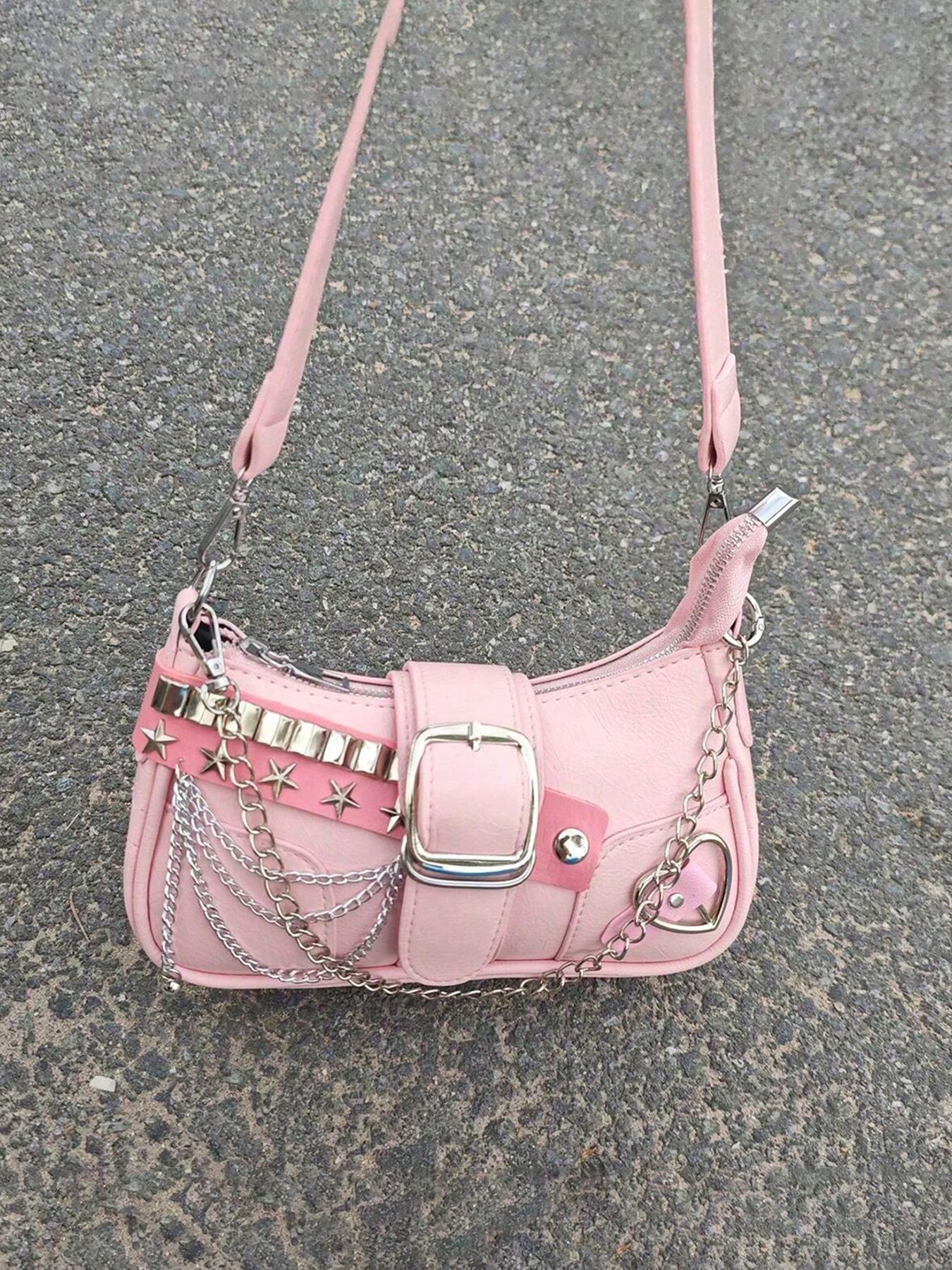 Vintage Y2K Style Women's Shoulder Bag, Crossbody Chain Bag, Star Chain Design, Detachable Strap, Zip Closure, Casual Handbag for All Seasons