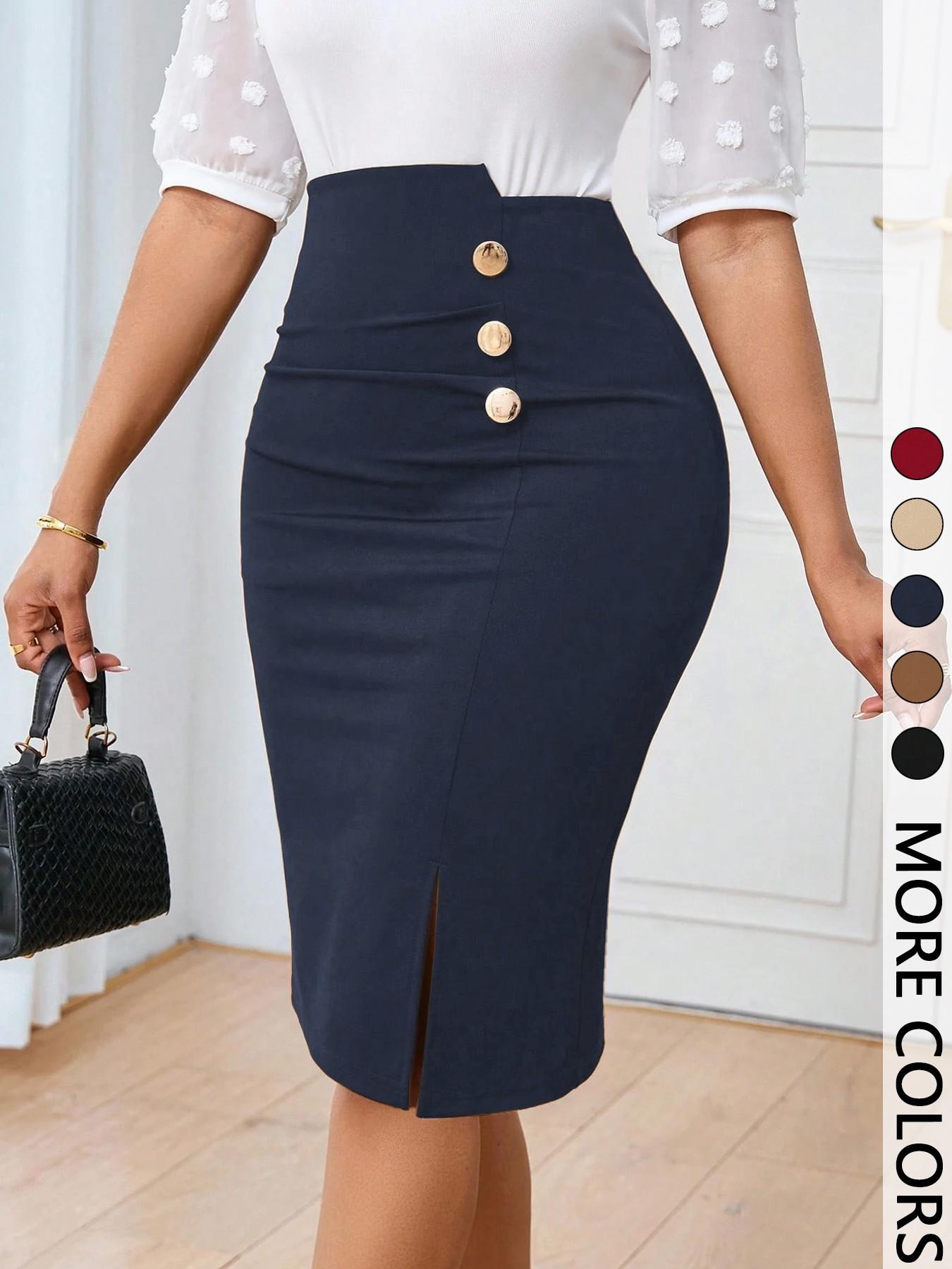 Women's Commuting Minimalist Solid Color A-line Skirt Button Front Pencil Skirt, Asymmetrical Button Suitable for All-season Fashion Skirt