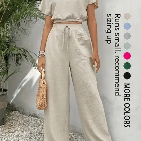 Women's Solid Color Top & Wide Leg Pants Two-piece Set, Casual Round Neck Top & Drawstring Waist Adjustable Trousers for Summer, Ladies Clothes for Daily Wear, Womenswear
