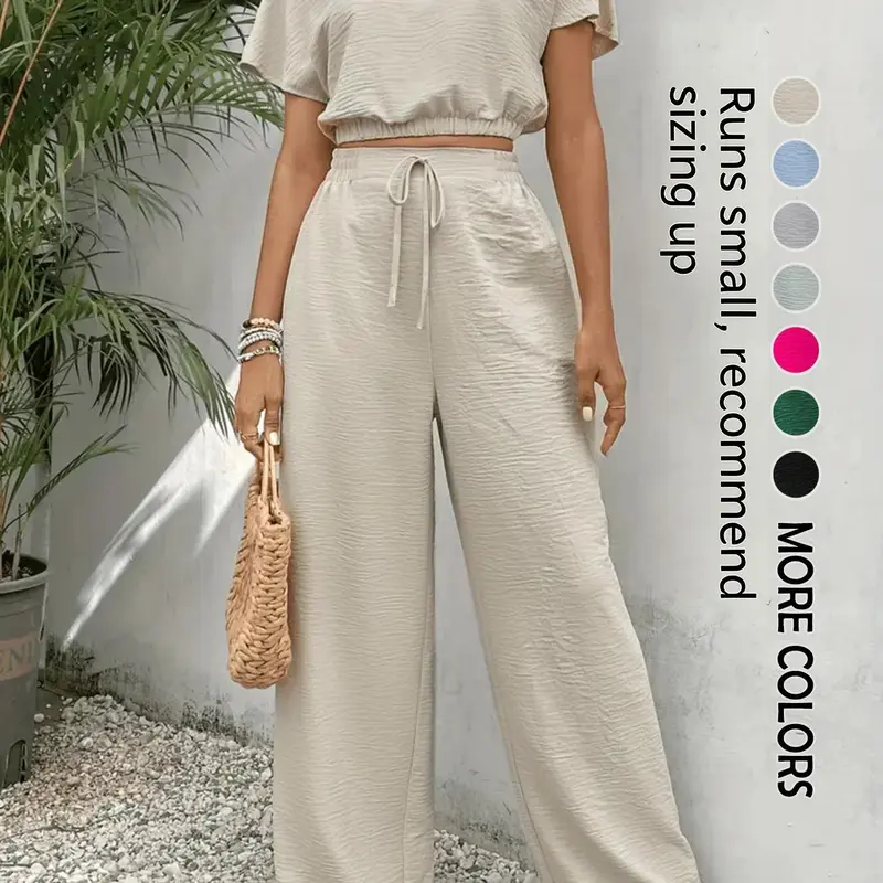 Women's Solid Color Top & Wide Leg Pants Two-piece Set, Casual Round Neck Top & Drawstring Waist Adjustable Trousers for Summer, Ladies Clothes for Daily Wear, Womenswear