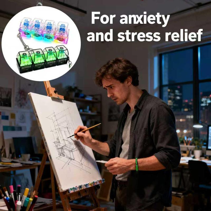 2026 NEW Glowing Keyboard Fidget Toy, 4-In-1 Decompression Button Keychain, Stress Relief Finger Clicker, Transparent Color