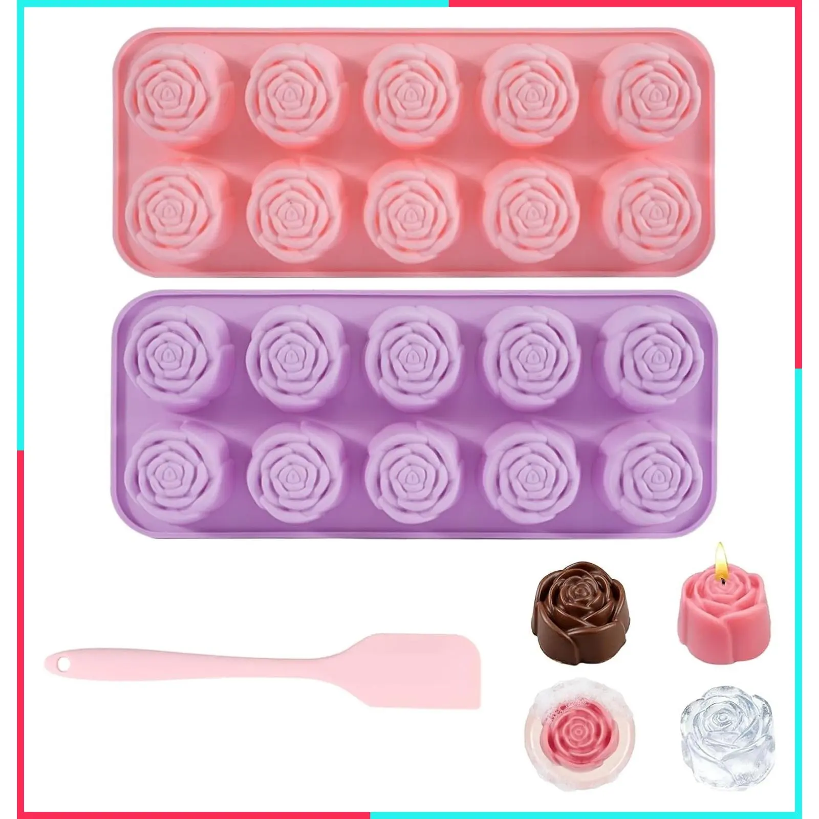 Rose Silicone Chocolate Molds, 2 Pack 20-Cavity Flower Candy Molds with Spatula, Non-Stick Baking Mold for Chocolate, Gummies, Jelly, Ice Cubes