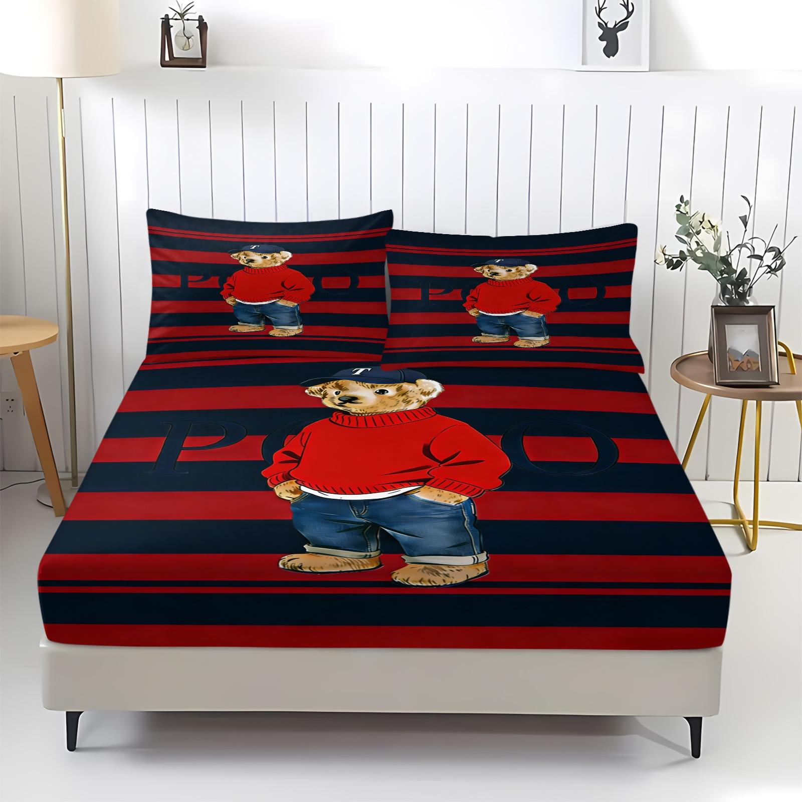 Teddy Bear Pattern Bed Sheet, Comfortable Printed Pattern, Includes 1 Bed Sheet and 2 Pillowcases, Comfortable Bedding, Non slip Dust Cover Suitable for Bedroom and Guest Room, Suitable as a Gift for Children or Adults
