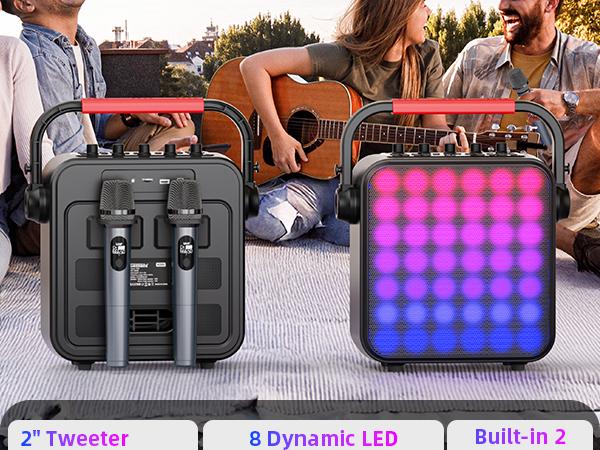 Karaoke Machine for Adults & Kids with Full-Screen LED Lights, Portable BT Speaker with 2 Microphones, Bass/Treble Adjustment, Supports TWS/FM/AUX/USB/TF Card for Home Party