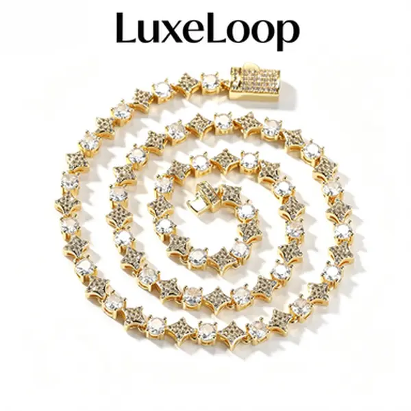 LuxeLoop Star Iced Out Tennis Chain Necklace, Sparkly Inlaid Crystal Stackable Statement Jewelry, Gold Silver Rose Gold Tone Y2K Coquette Aesthetic Accessory with Secure Box Clasp, Unisex Streetwear Fashion Birthday Holiday Gift for Men Women