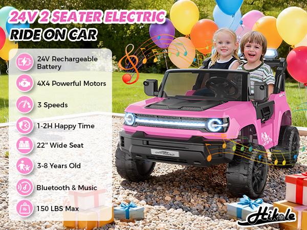 Hikole XL 24V 2-Seater Ride On Truck for Big Kids – 4WD Electric Car w/ Remote, Lights, Music & Storage,Christmas Gifts for Kids 2025