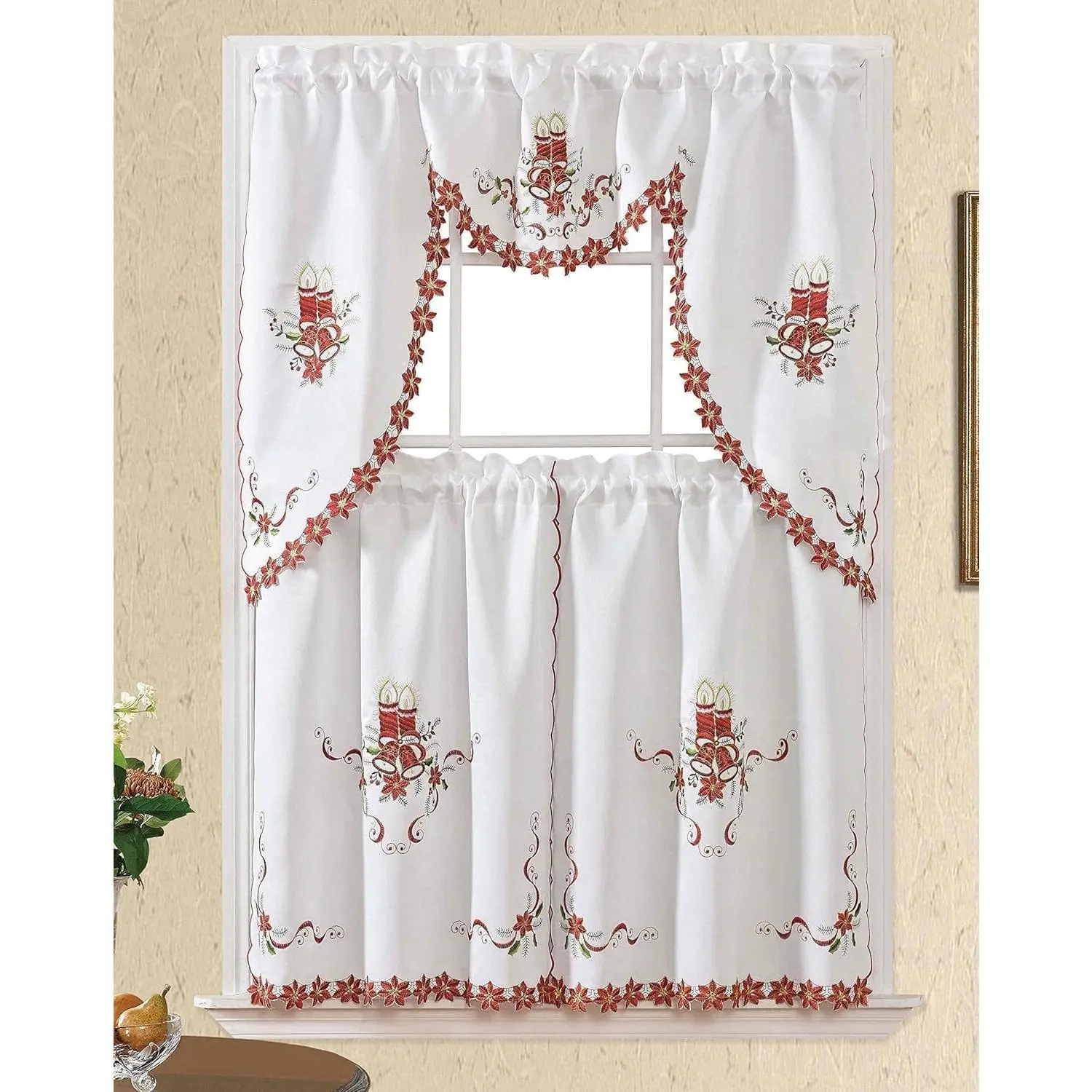 3pcs Multi-Color Embroidery Kitchen Curtains for Windows with cutworks, Swag Valance and Tiers Set,Multi-Color Kitchen Cafe Curtain Set
