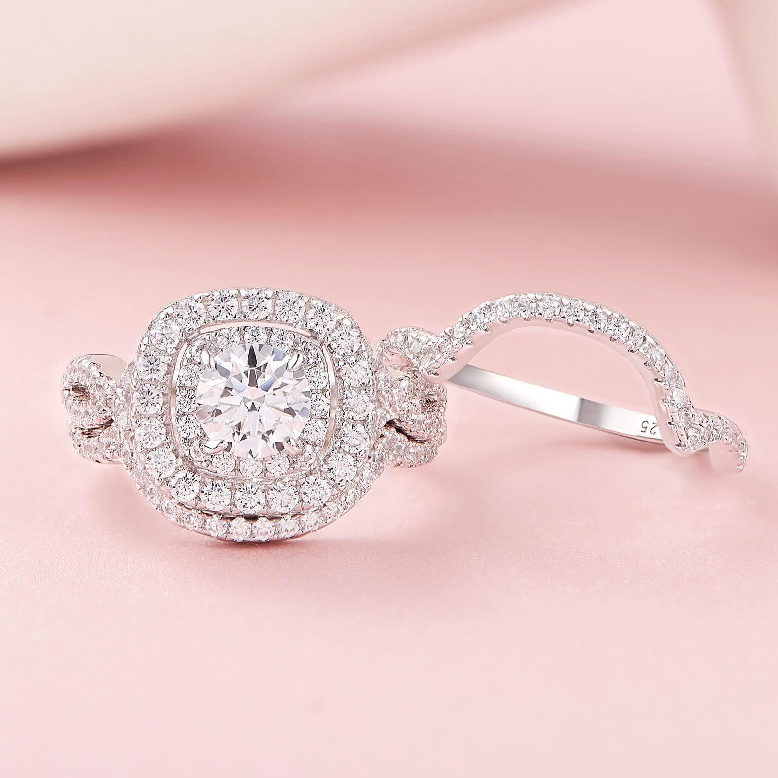 S925 Sterling Silver Double Halo Engagement Wedding Rings for Women Luxury Cubic Zirconia 3Pcs Ring Set Size 5-10 S925 Sterling Silver Double Halo Engagement Wedding Rings for Women Luxury Cubic Zirconia 3Pcs Ring Set Size 5-10