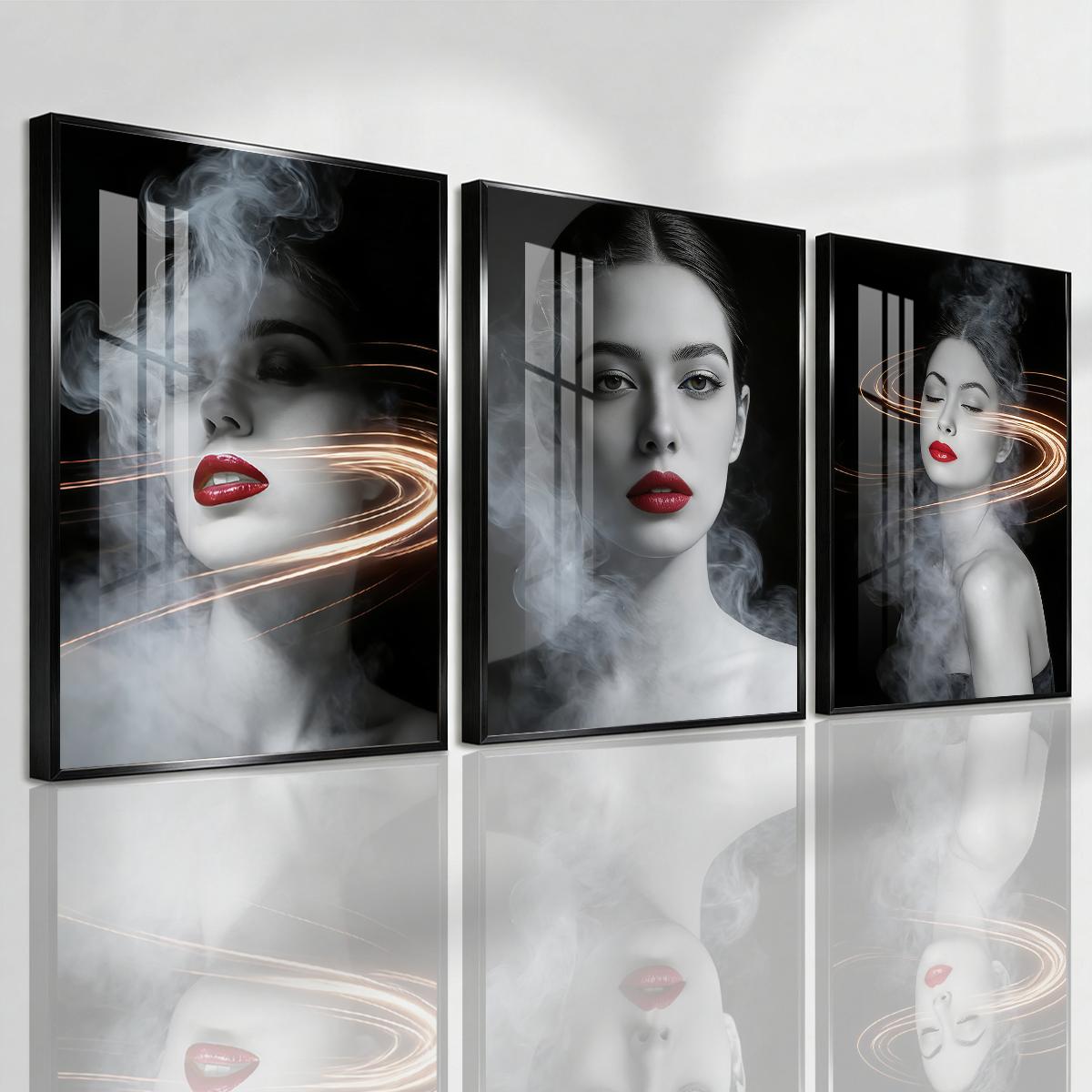 3 Counts Aluminum Alloy Framed Painting, Abstract Smoke And Light Portrait Pictures, Home Decoration For Living Room, Bedroom, Office, Restaurant, Hallway Wall Decor, Odorless Print Artwork, Luxury Perfect Gift For Friends And Family