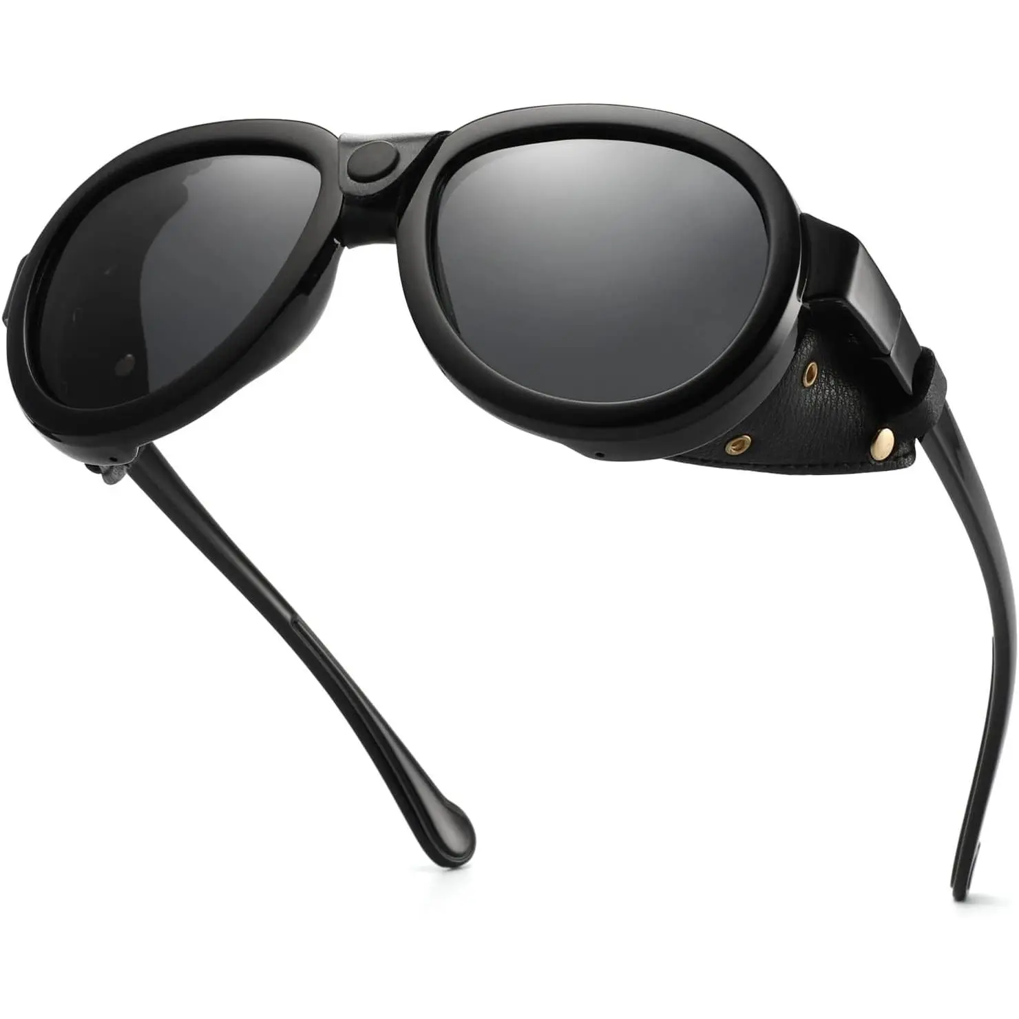 Retro Steampunk Aviator Polarized Sunglasses with Leather Side Shields Vintage Gothic Goggles for Men and WomenGift