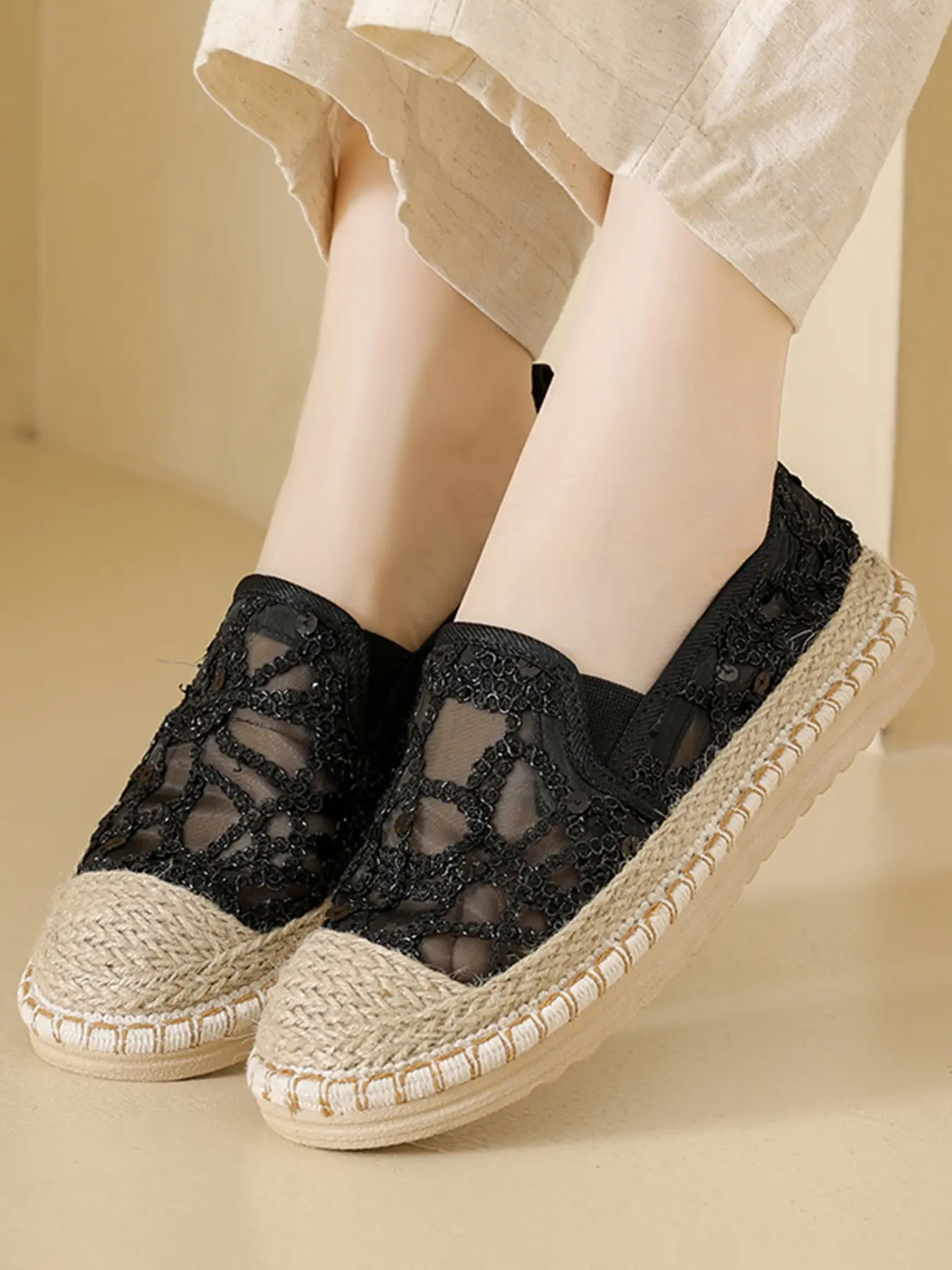 Fairy Style Lace Mesh Flat Fisherman Shoes, Hollow Out Design with Sparkling Rhinestones, Slip-On Comfortable Summer Footwear