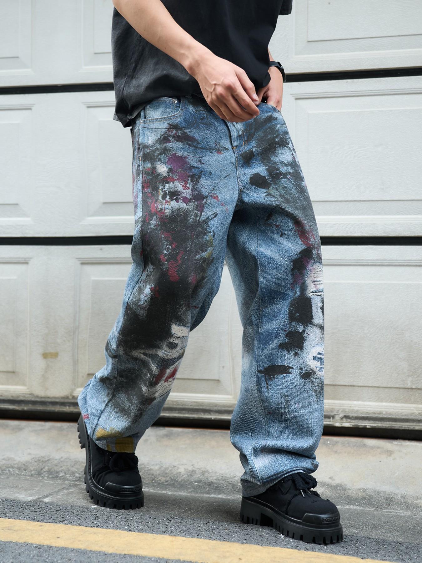 Men's 3D Printed Jeans Y2K Graffiti Denim Jeans, Loose Fit Wide Leg Vintage Washed Jeans, All Seasons Streetwear