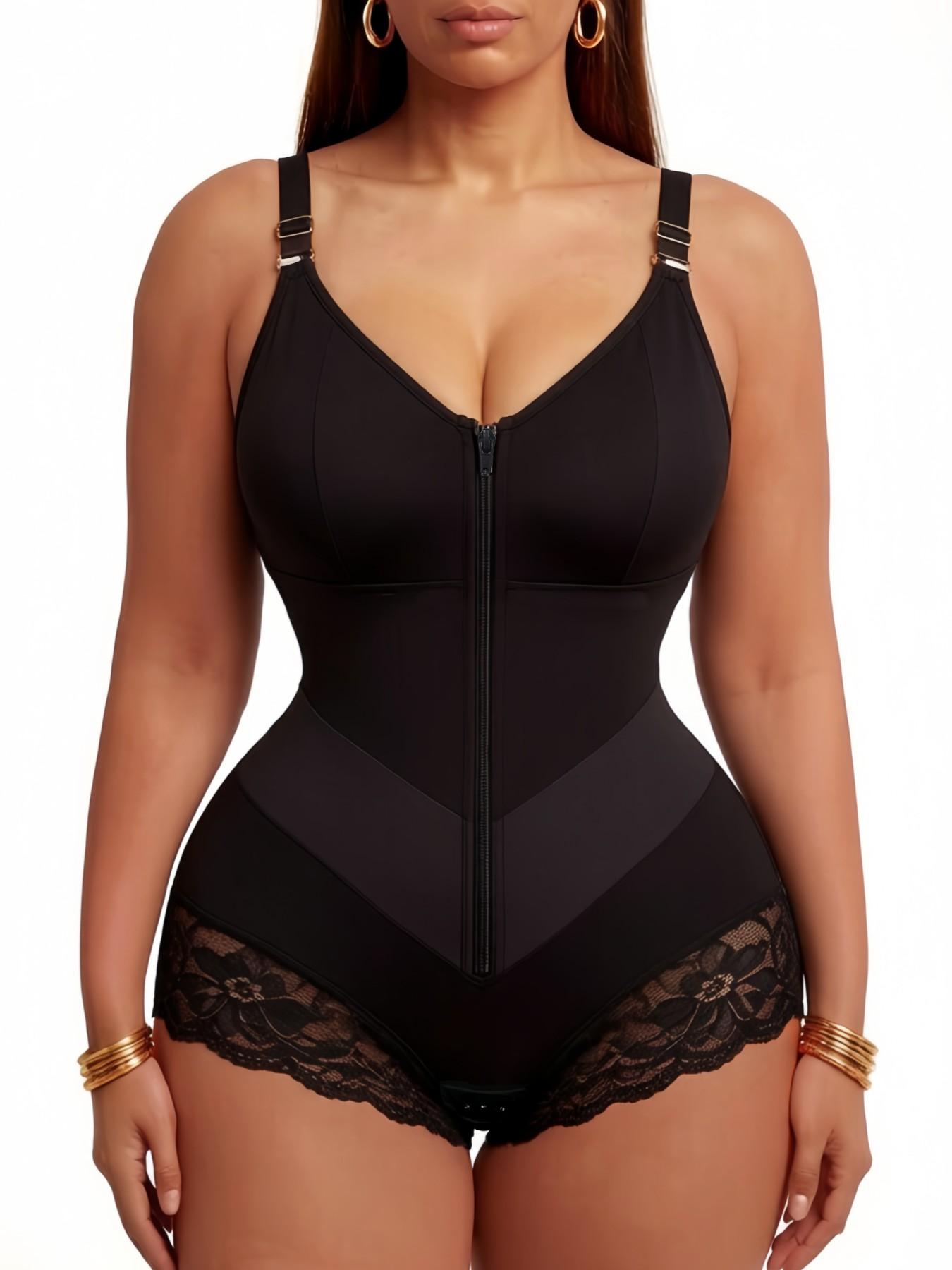 Colombian Shapewear, Fajas, Women's Solid Color Lace Trim Anti-Slip Leg Hem Jumpsuit, Front Zipper V-Shaper Belt Shapewear Bodysuit, Natural Lift Body Shaper, Double Compression Contouring Romper, Waist Trainer, Suitable For Training Or Sports, Aesthetic