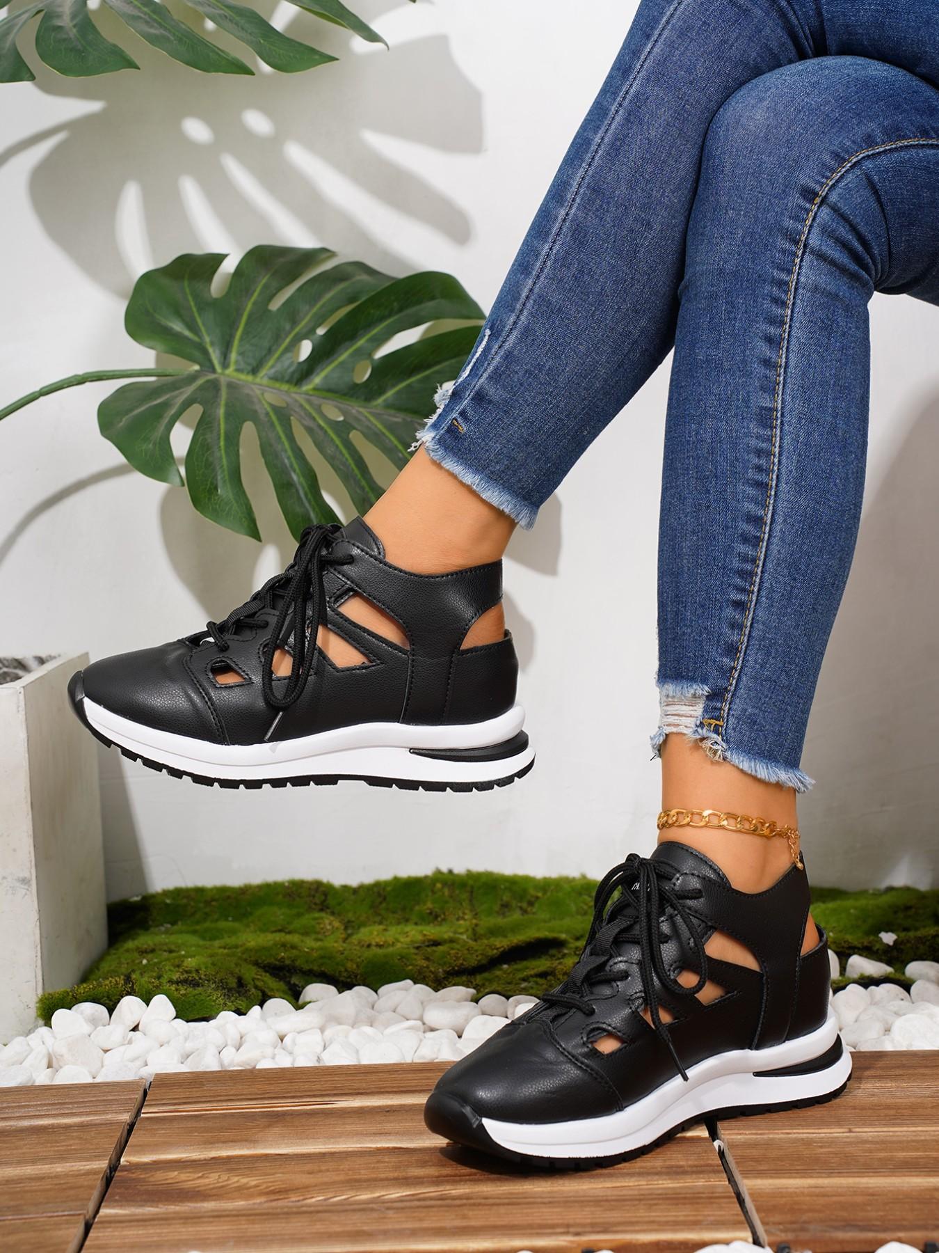 New Women's Cutout Thick Sole Dad Shoes, Breathable Casual Lace-Up Sports Shoes, Patchwork Platform Shoes, Versatile Comfort Walking Shoes