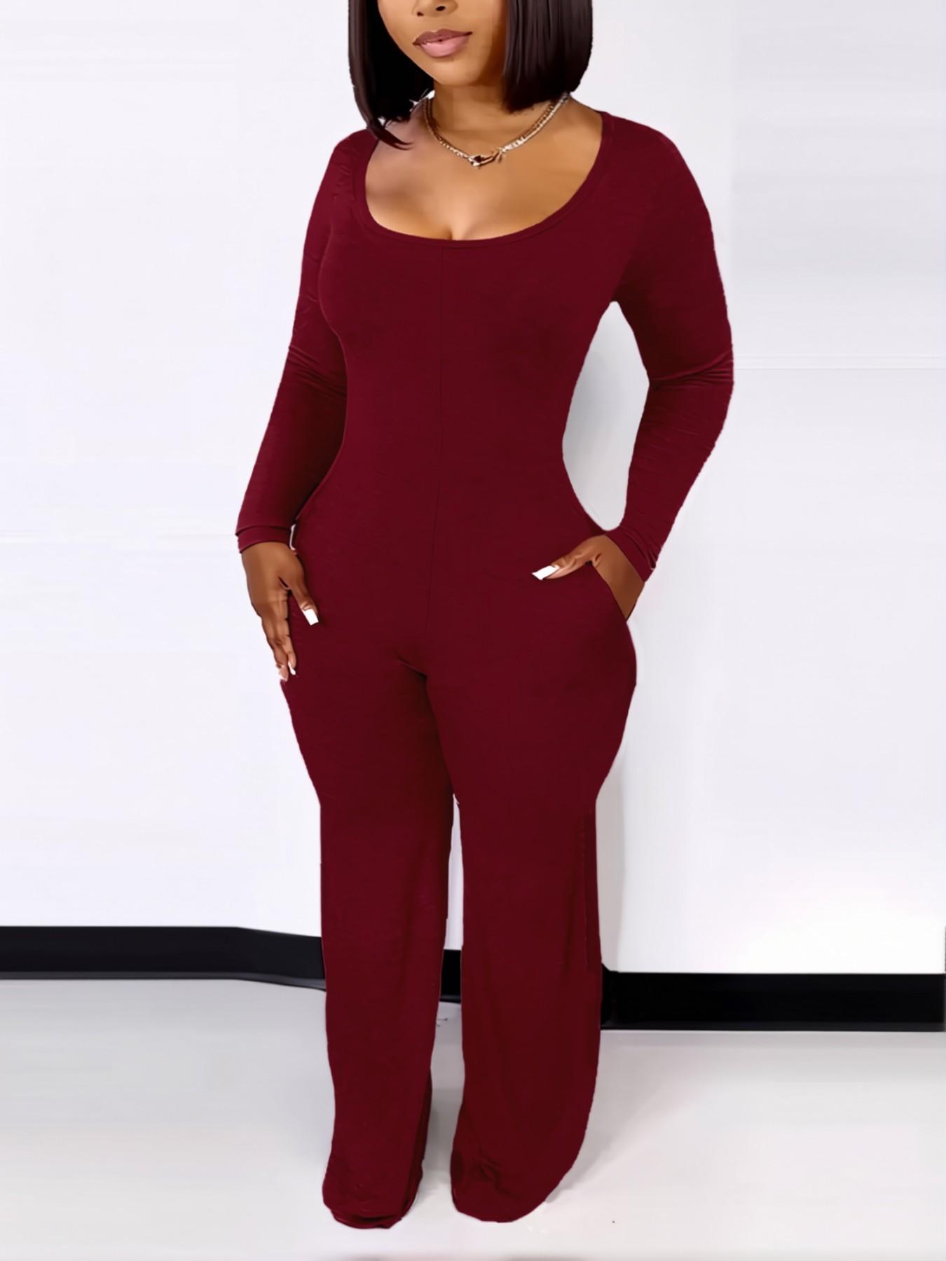 Women's Sexy Fitted Long Sleeve Jumpsuit, Plain Pattern, Minimalist, All Seasons Fashion, Low Neck Pocket Design, European & American Style
