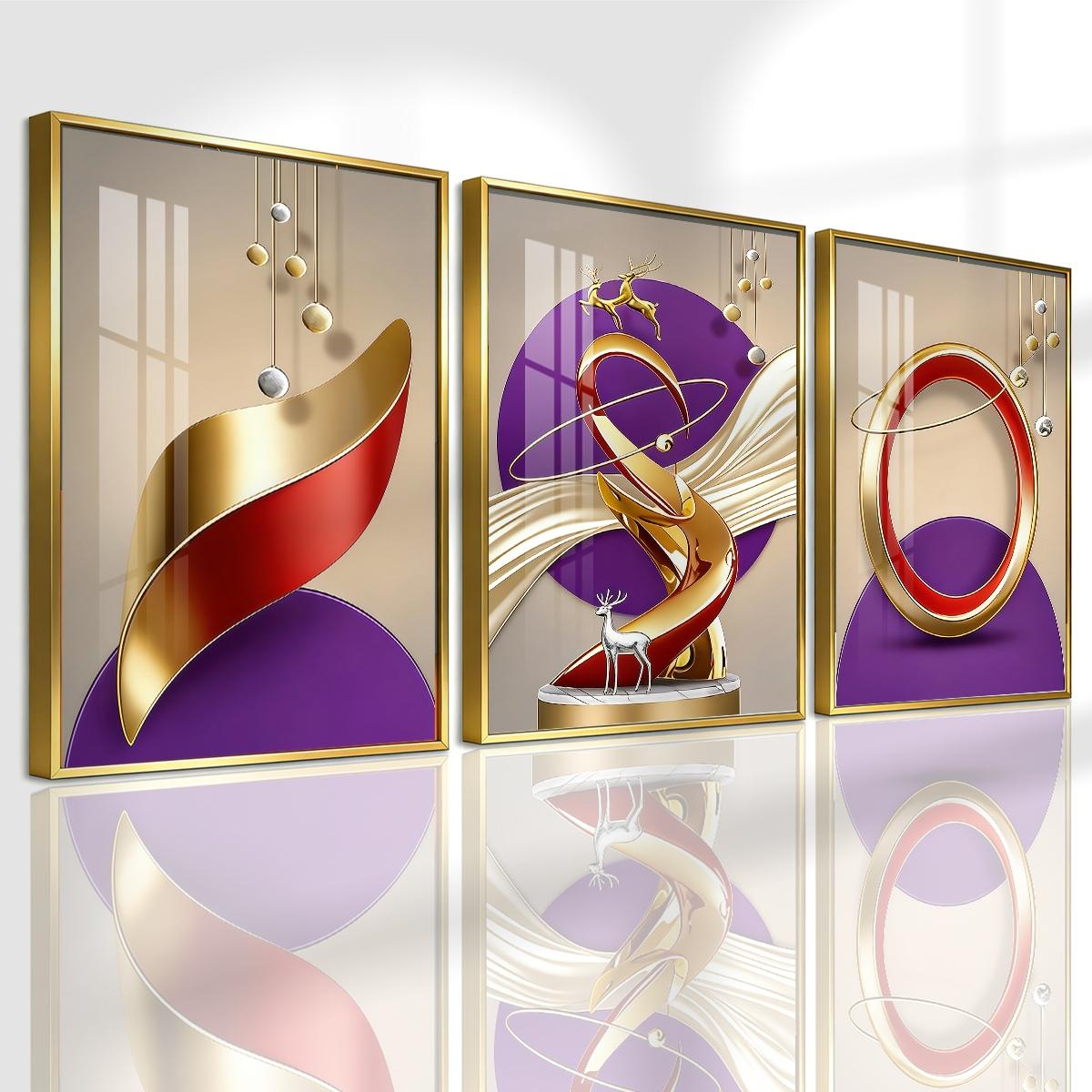3 Counts Aluminum Alloy Framed Painting, Abstract Golden And Red Geometric Shapes With Deer Pictures, Home Decoration For Living Room, Bedroom, Office, Restaurant, Hallway Wall Decor, Odorless Print Artwork, Luxury Perfect Gift For Friends And Family