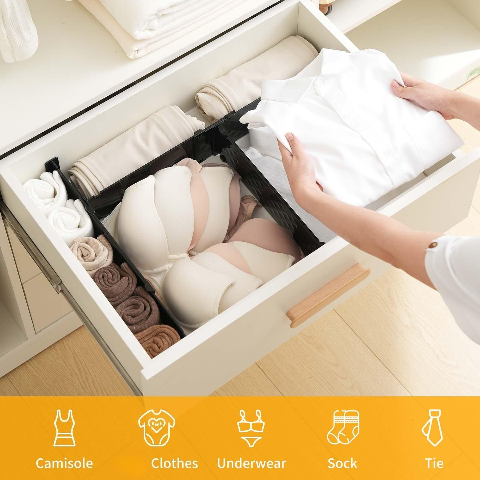 4set Expandable Drawer Dividers, Adjustable Drawer Separators for Closet Kitchen, Plastic Drawer Organizer, Space-Saving Storage Solution