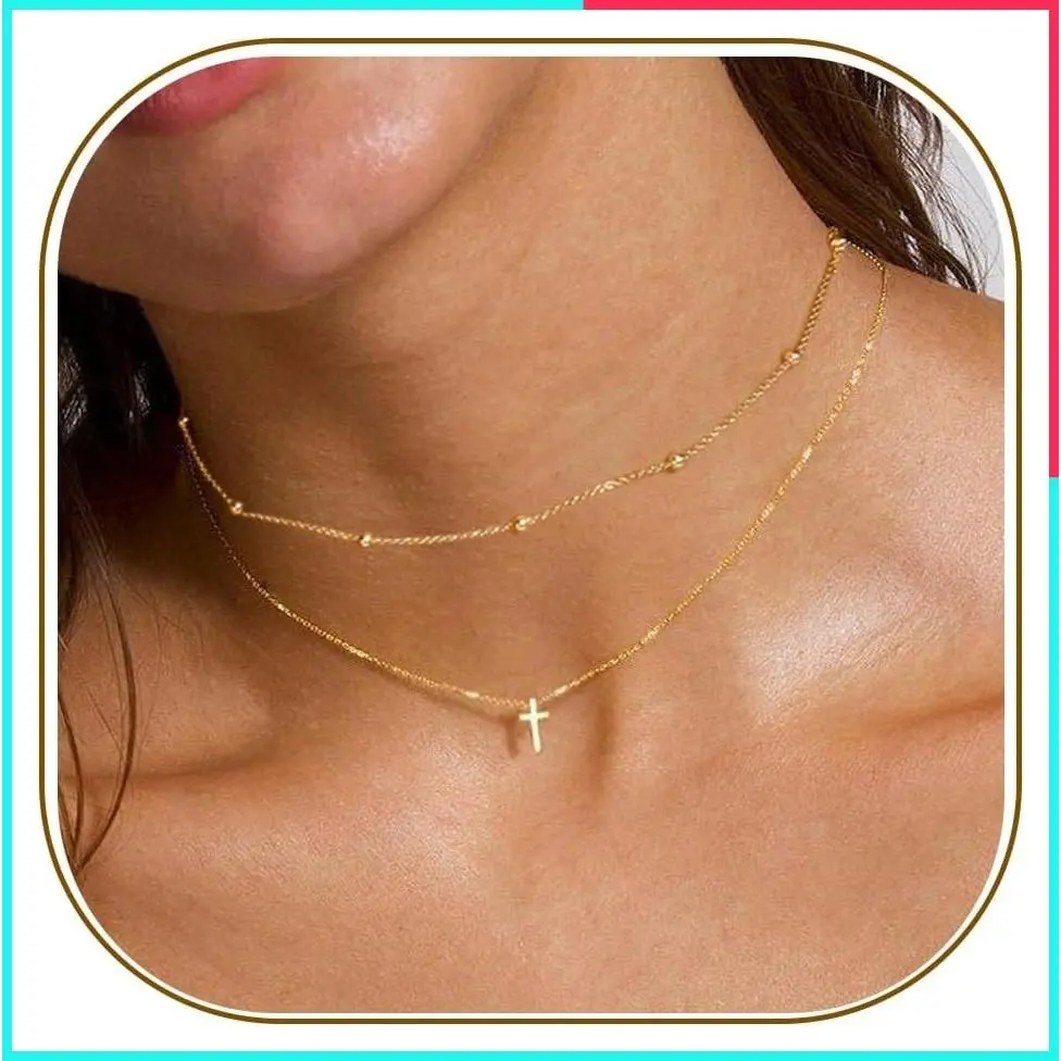14K Gold Layered Cross Necklaces for Women, Tiny Sideways Cross Necklace, Minimalist Christian Jewelry Gifts for First Communion, Confirmation, Easter, 2Pcs