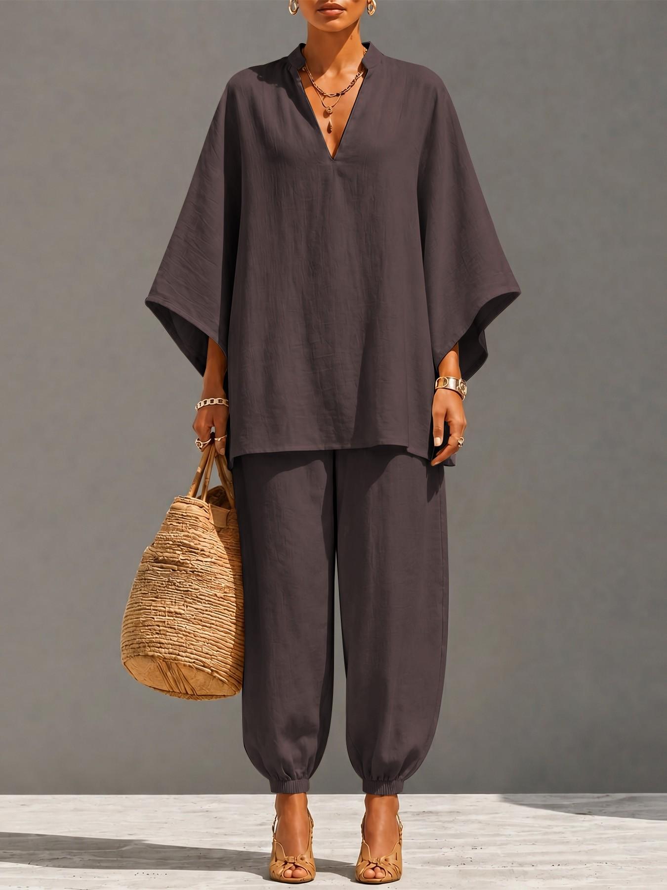 Women's Oversized Light Linen-Look 2-Piece Set, Batwing Long Sleeve Blouse Top & Drawstring Pants, Comfy Casual Style for Travel & Vacation