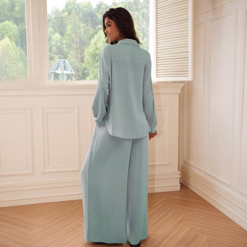 Joyfunear Women's Button Down Shirt & Wide Leg Pants Loungewear Set 2pcs Drop Shoulder summer women set long Pants