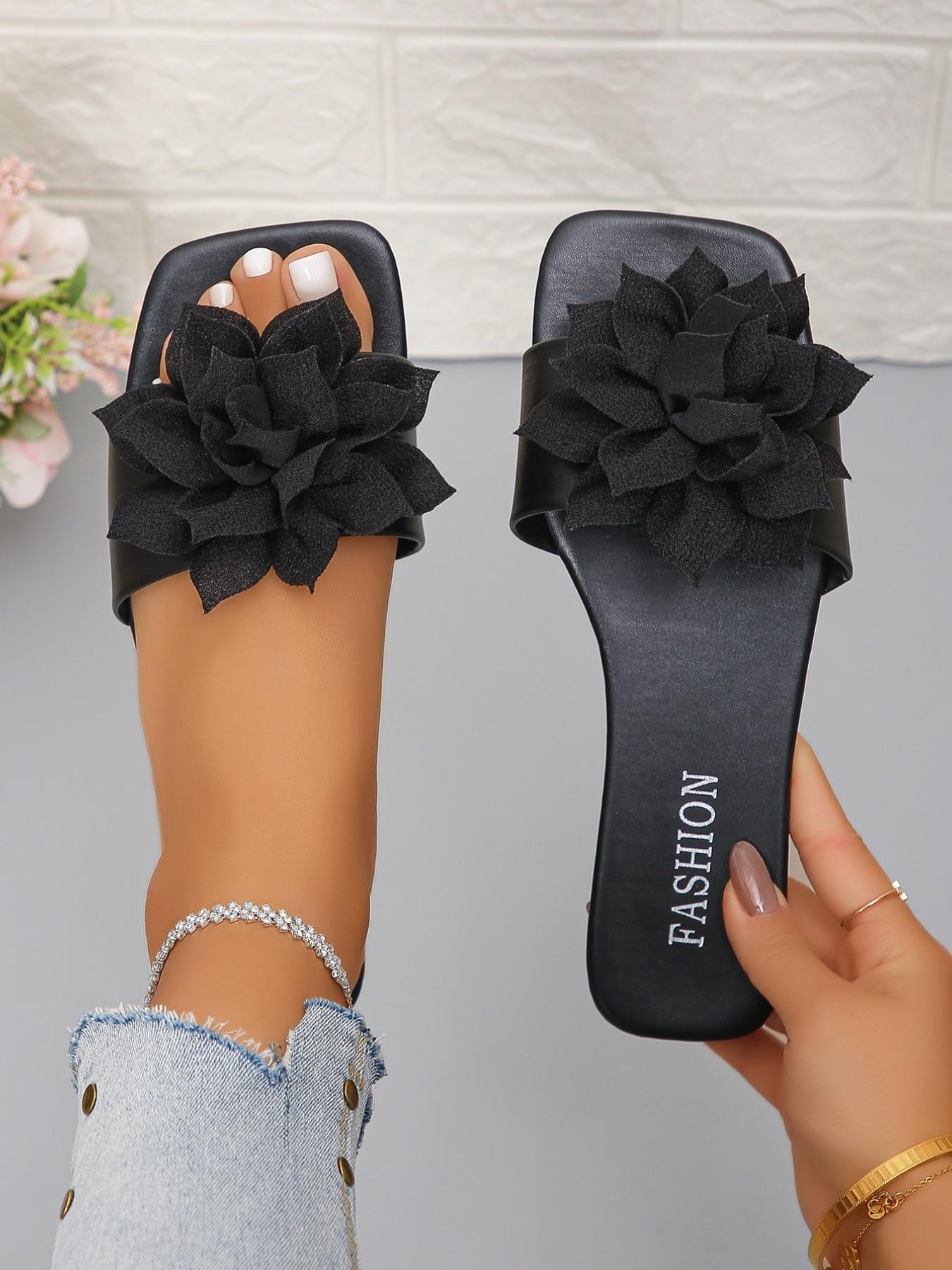 Women's 3D Flower Square Toe Slip-On Sandals, Plain PU Leather, Casual Summer Shoes, Beach, Vacation, Daily Wear, /