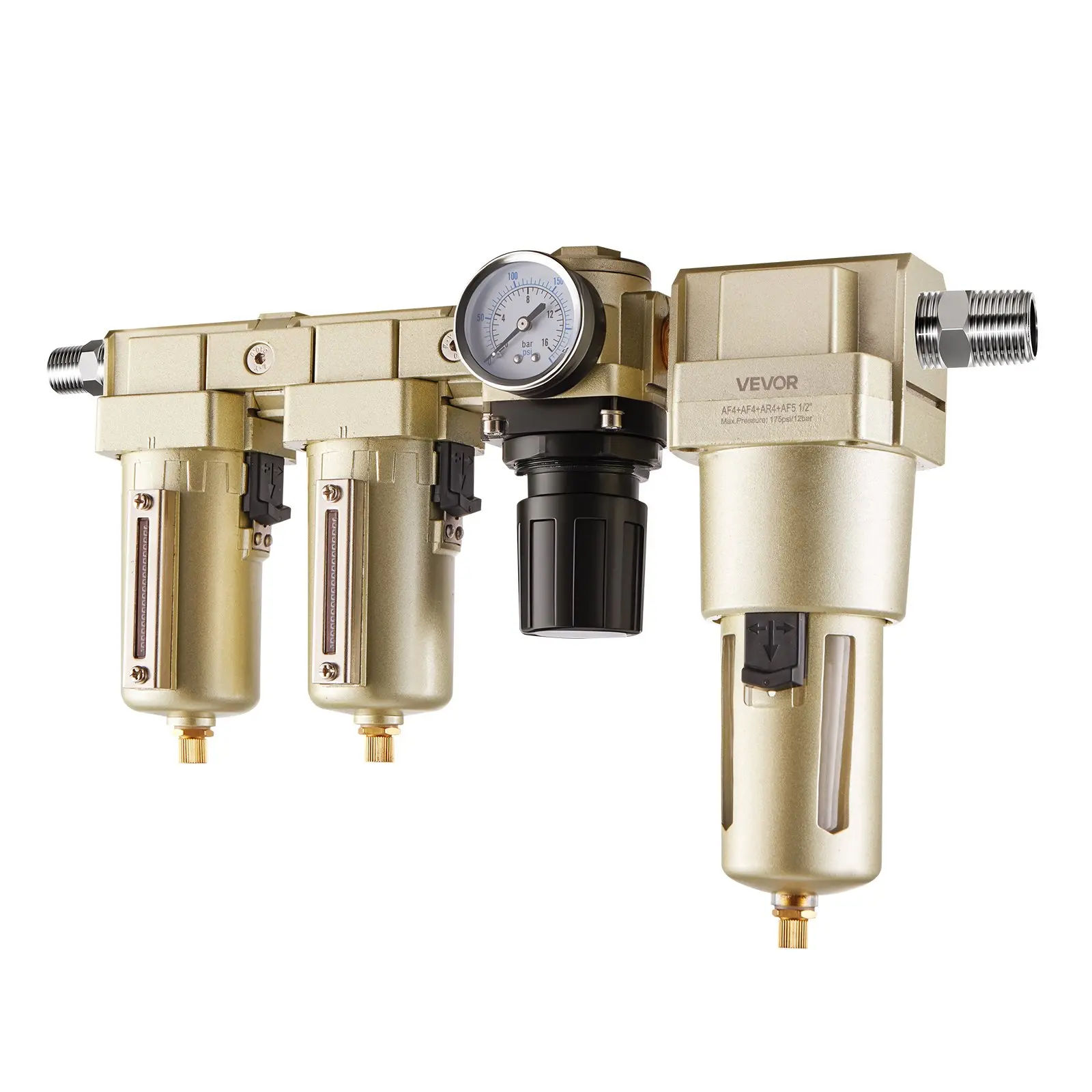 Air Compressor Filter Regulator Combo, 1/2" NPT 3-Stage 25μm & 5μm & 0.3μm Compressed Air Drying System with Micron Filters & Oil-Water Separator, Semi-Auto Drain, 175PSI Max Working Pressure