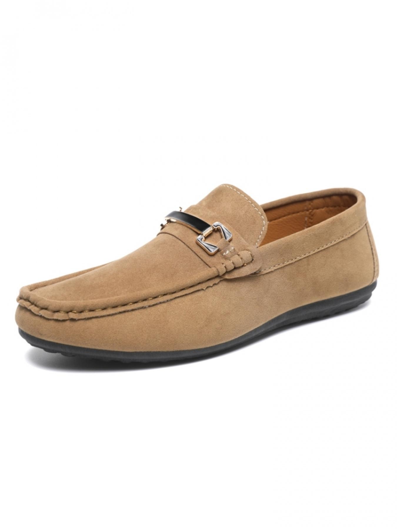Men's Khaki Suede Metal Buckle Flat Loafers: Soft-Sole Anti-Slip + Slip-On Design, Daily Commute Versatile Casual Shoes, Footwear