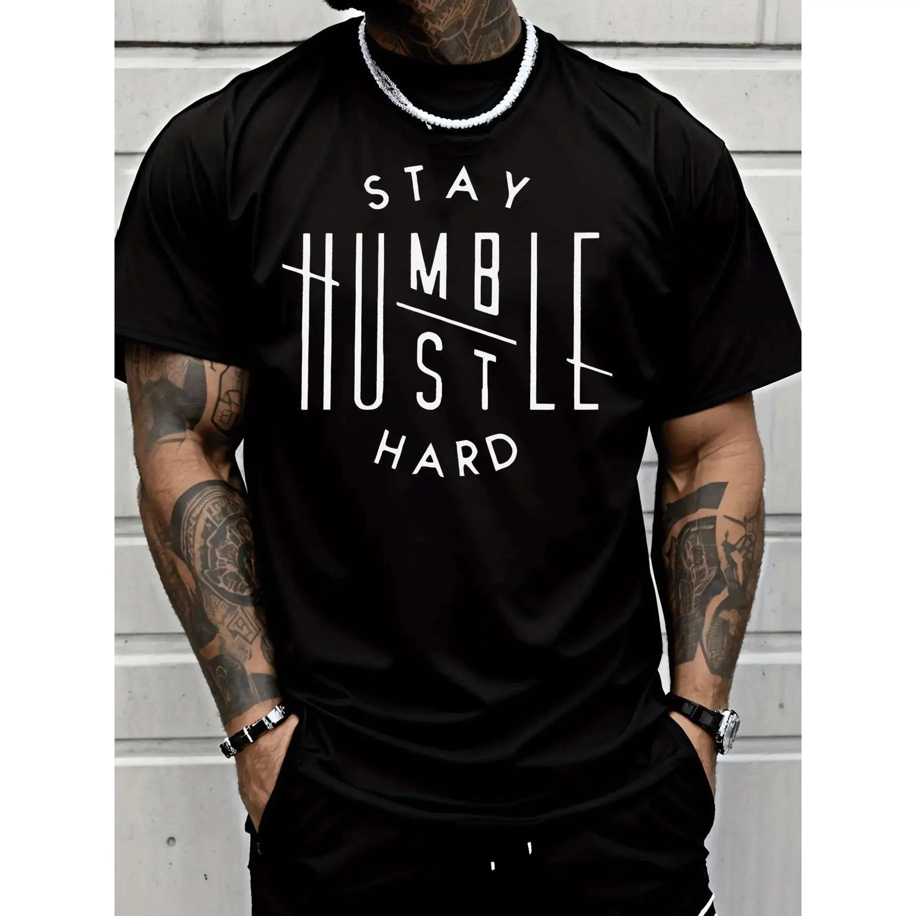 [Classic Street Style] Classic Street Style | Stay Humble Hustle Hard T Shirt | Men's Fashion Casual Trendy Short Sleeve Tee