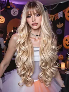 28 Inch Wig, Long Curly Wig with Bangs, Natural Appearance, Heat-Resistant Synthetic Wig, Suitable for Daily Party Holiday Travel, Natural Looking Wig