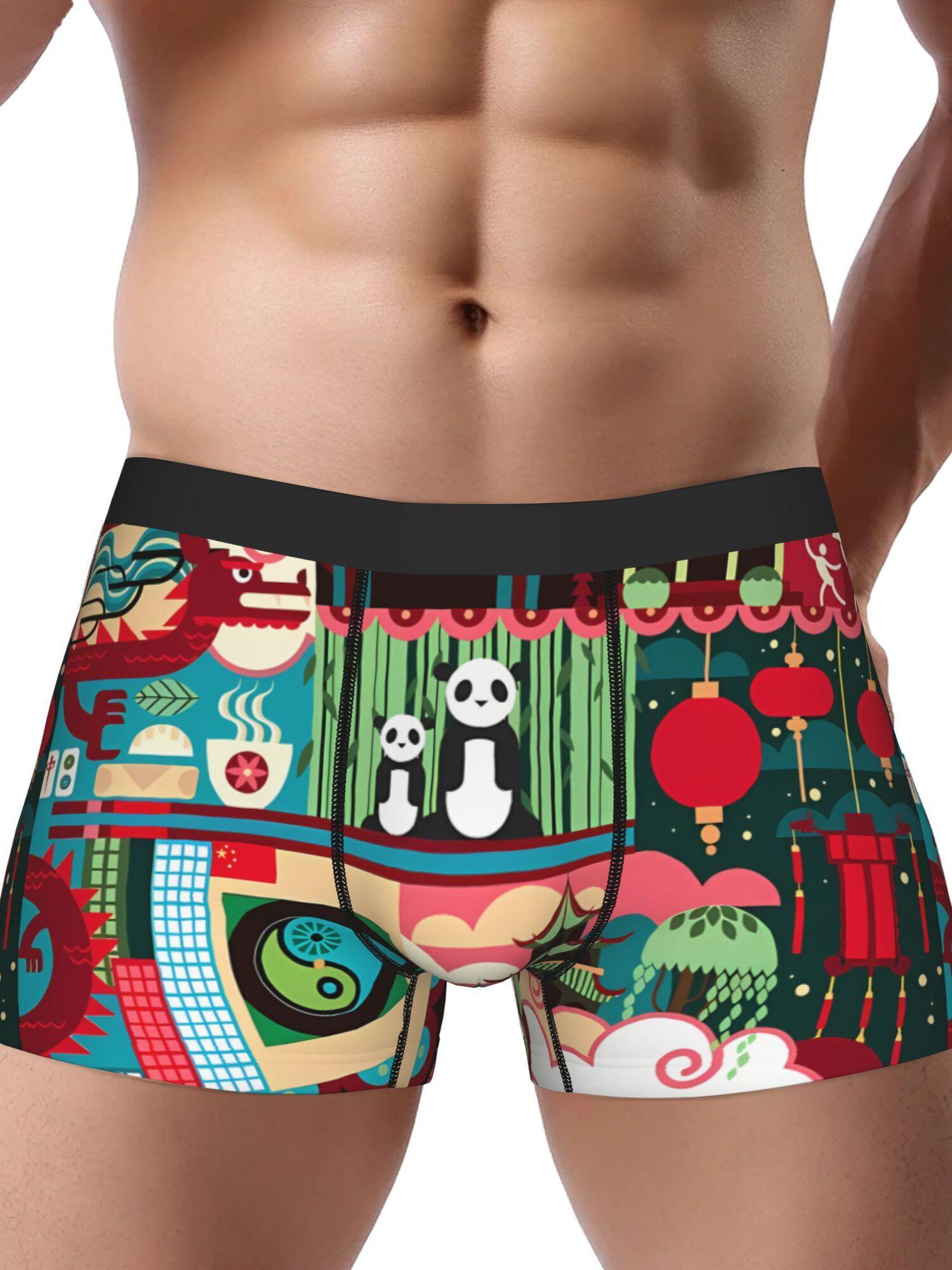 BIIHUDU Men's Saint Basil's Cathedral & Panda Print Polyester Briefs - Mid-Stretch Non-Transparent Underwear, Vibrant Cultura