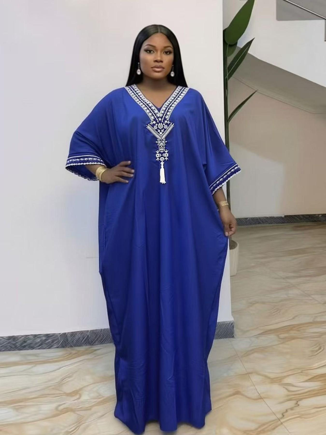 Women's Summer Solid Color Embroidered Fringe Caftan Casual Wear Dress with Pockets and Side Slit Women's Summer Solid Color Embroidered Fringe Caftan Casual Wear Dress with Pockets and Side Slit