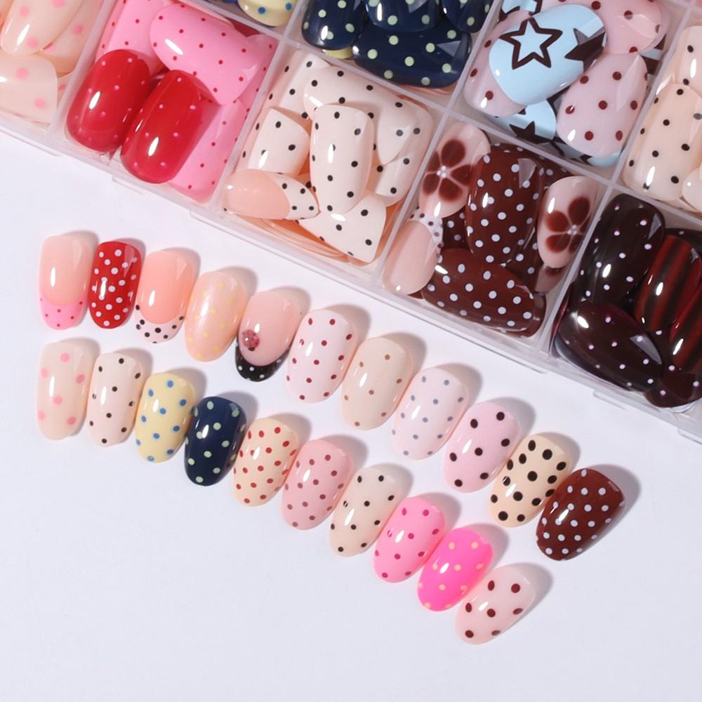 600pcs Almond Press-On Nails, Polka Dot French Design, Nail Designs, Medium Size, Acrylic Material, Includes Gel Glue & Nail Files, Perfect for Summer