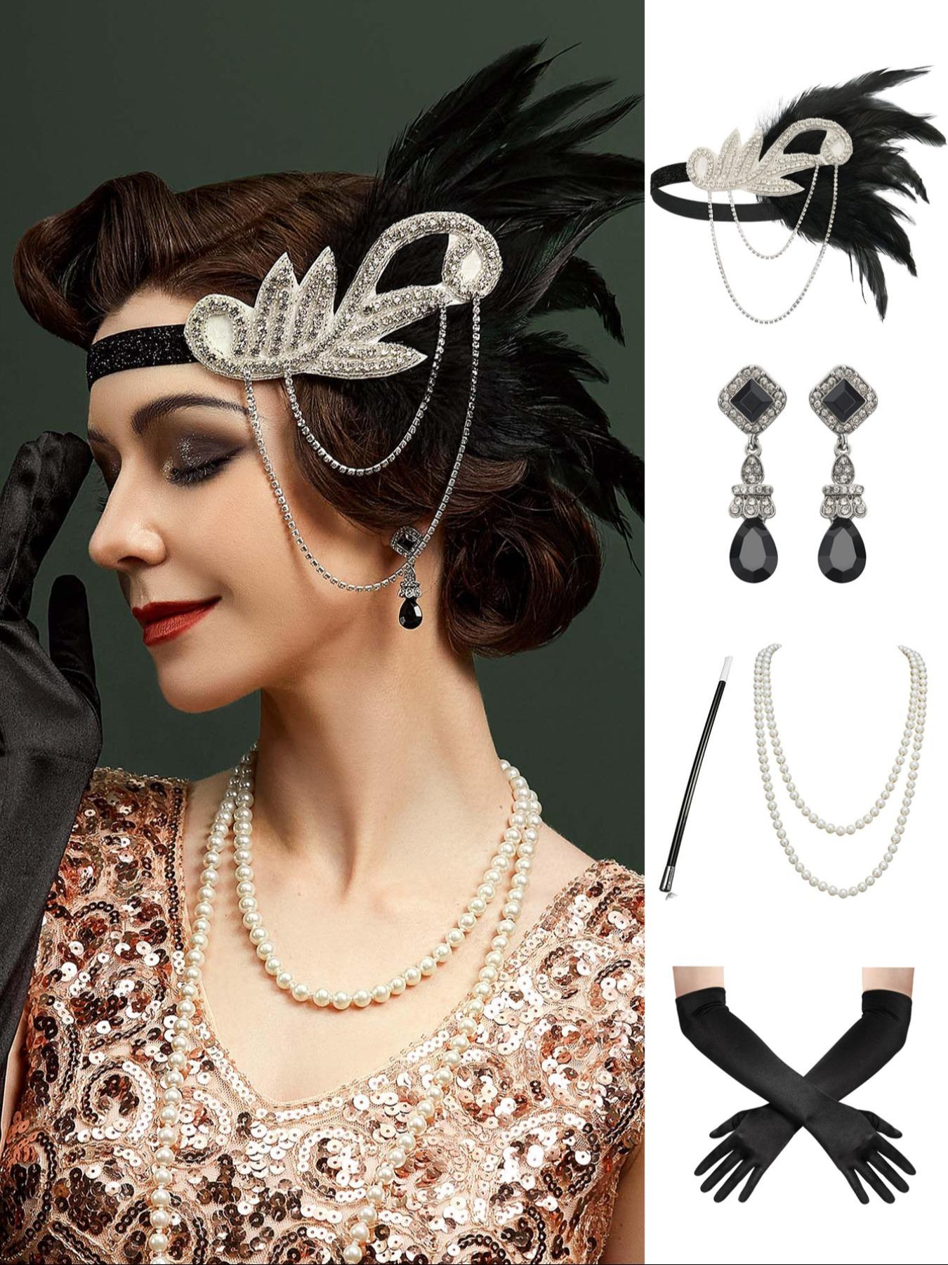 5PC/Set 1920s Flapper Set for Women,Roaring 20s Headband Headpiece Costume Accessories for Halloween Party Cosplay