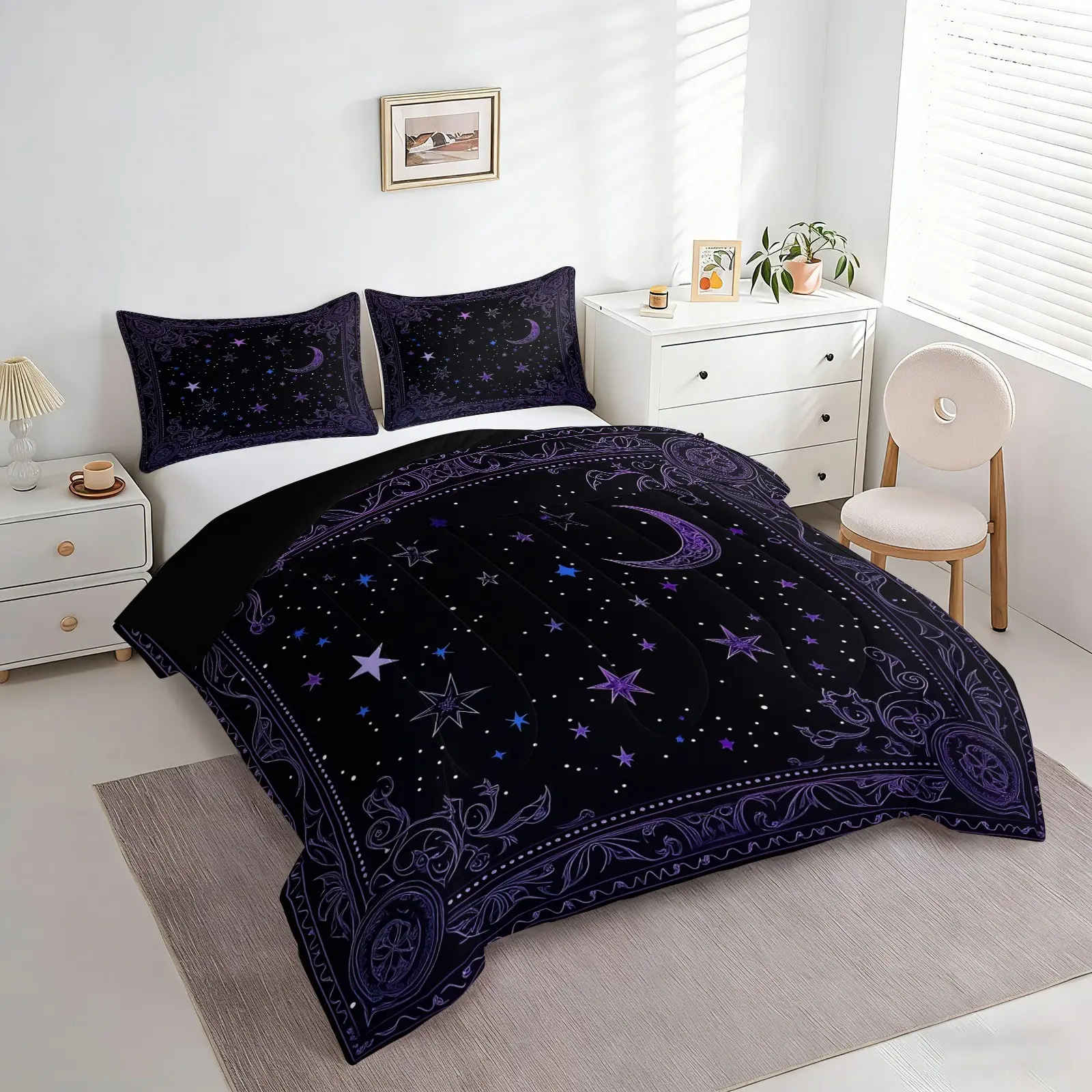 Purple Moon Star Celestial Comforter Set (1 Comforter + 1-2 Coreless Pillowcases), Black Lining, Stain Resistant, Soft Comfy Durable Washable, All Season Microfiber Bedding, Gothic Vintage Galaxy Sky Print Decorative Bed Set for Bedroom Dorm